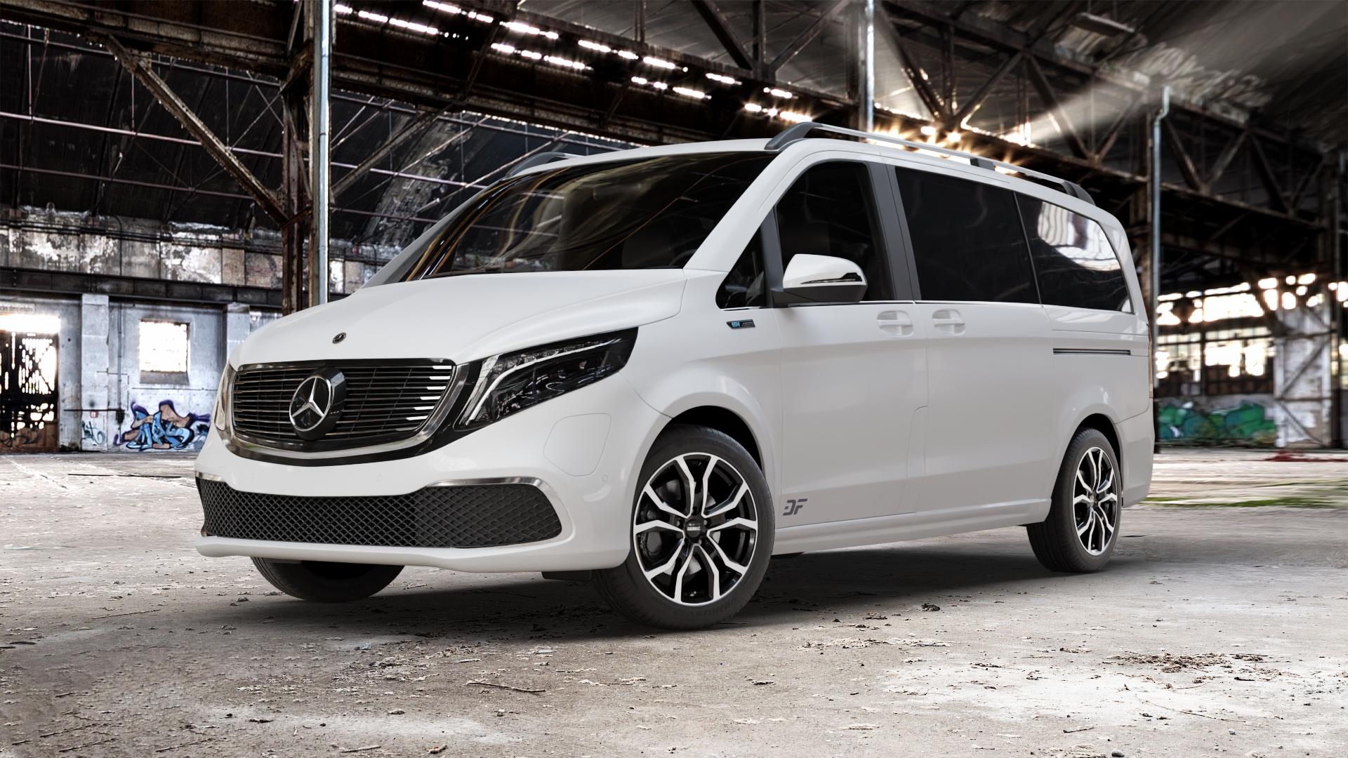 DEZENT TV BLACK/POLISHED Felge mit Reifen silber schwarz mehrfarbig in 18Zoll Winterfelge Alufelge auf weissem Mercedes EQV Typ 639/2 ⬇️ mit 15mm Tieferlegung ⬇️ Old Industrial Hall_max_5300mm_2024 Frontansicht_1