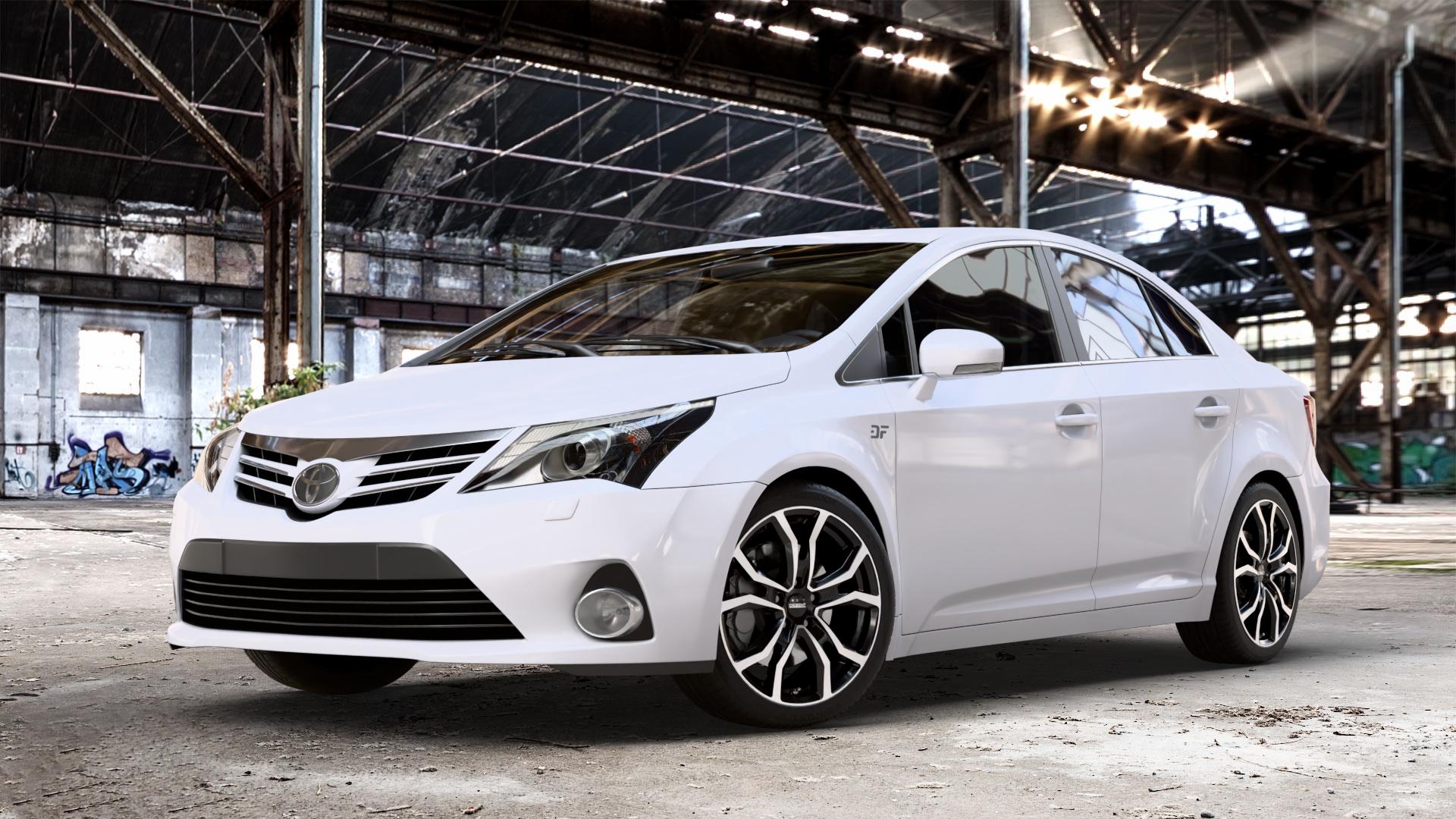 DEZENT TV BLACK/POLISHED Felge mit Reifen silber schwarz mehrfarbig in 18Zoll Winterfelge Alufelge auf weissem Toyota Avensis Limousine Typ T27 Facelift 12-> ⬇️ mit 15mm Tieferlegung ⬇️ Old Industrial Hall_max_4400mm_2024 Frontansicht_1