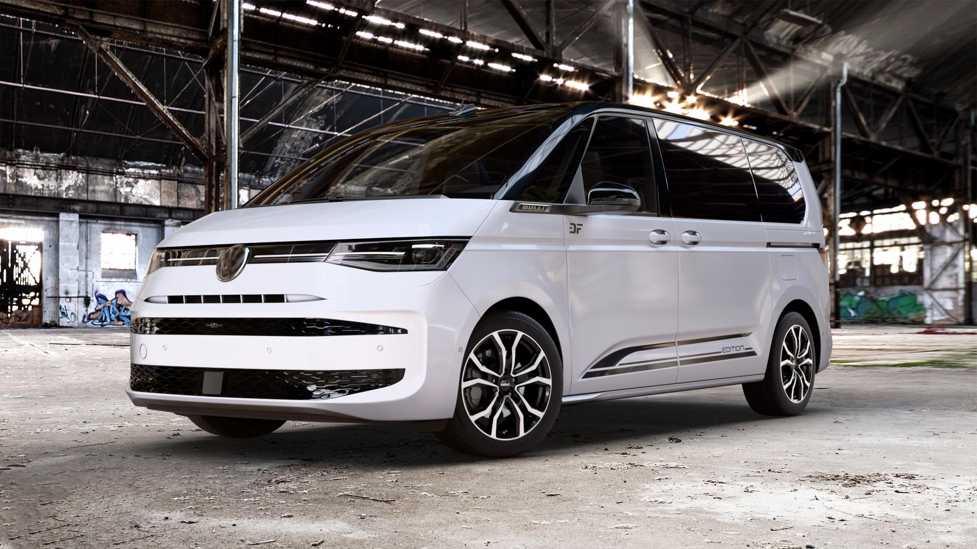 DEZENT TV BLACK/POLISHED Felge mit Reifen silber schwarz mehrfarbig in 18Zoll Winterfelge Alufelge auf weissem und schwarzem Volkswagen (VW) T7 Multivan Bus ⬇️ mit 15mm Tieferlegung ⬇️ Old Industrial Hall_max_5300mm_2024 Frontansicht_1