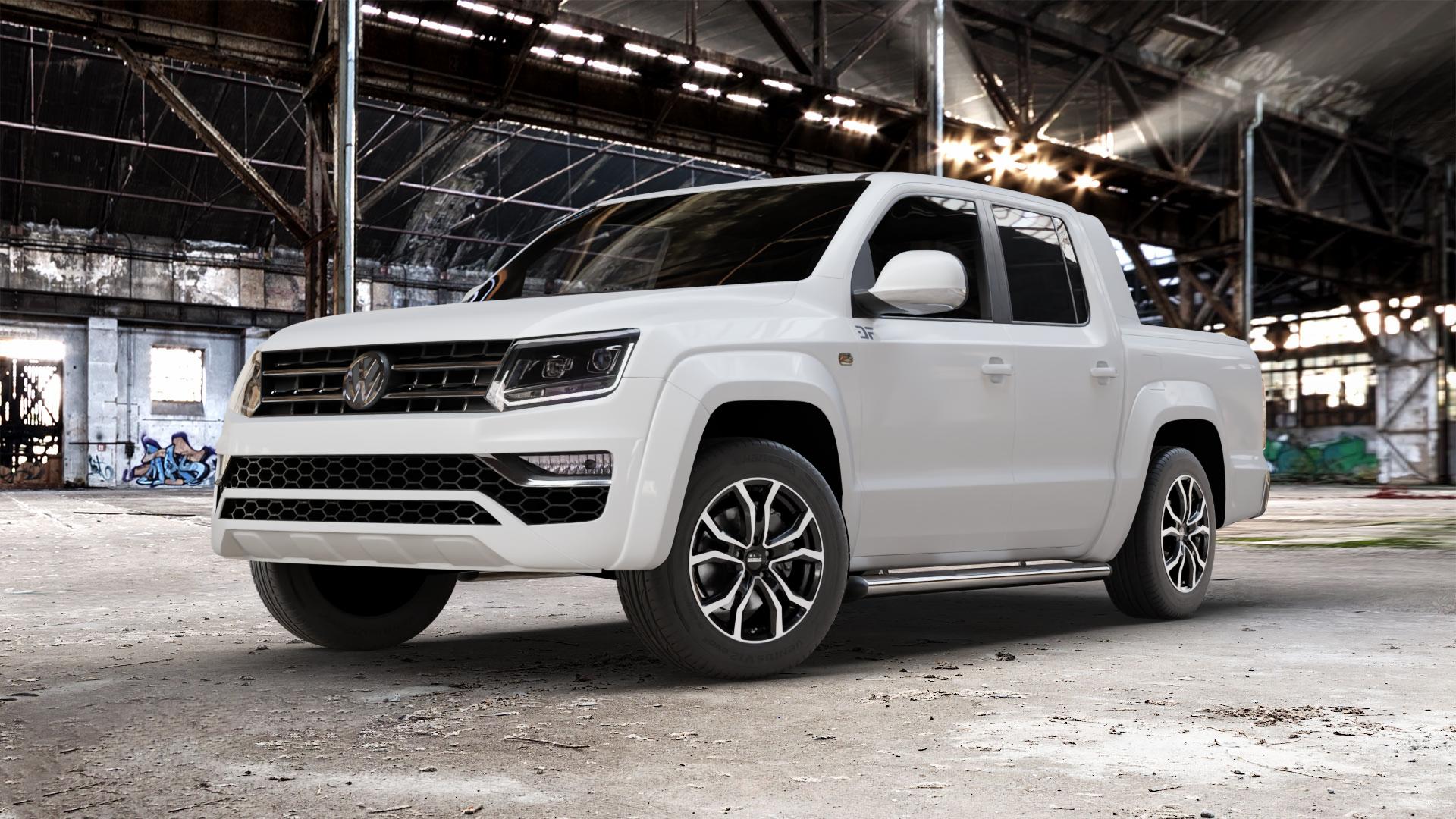 DEZENT TV BLACK/POLISHED Felge mit Reifen silber schwarz mehrfarbig in 18Zoll Winterfelge Alufelge auf weissem Volkswagen (VW) Amarok I Typ 2H Facelift ⬇️ mit 15mm Tieferlegung ⬇️ Old Industrial Hall_max_5300mm_2024 Frontansicht_1