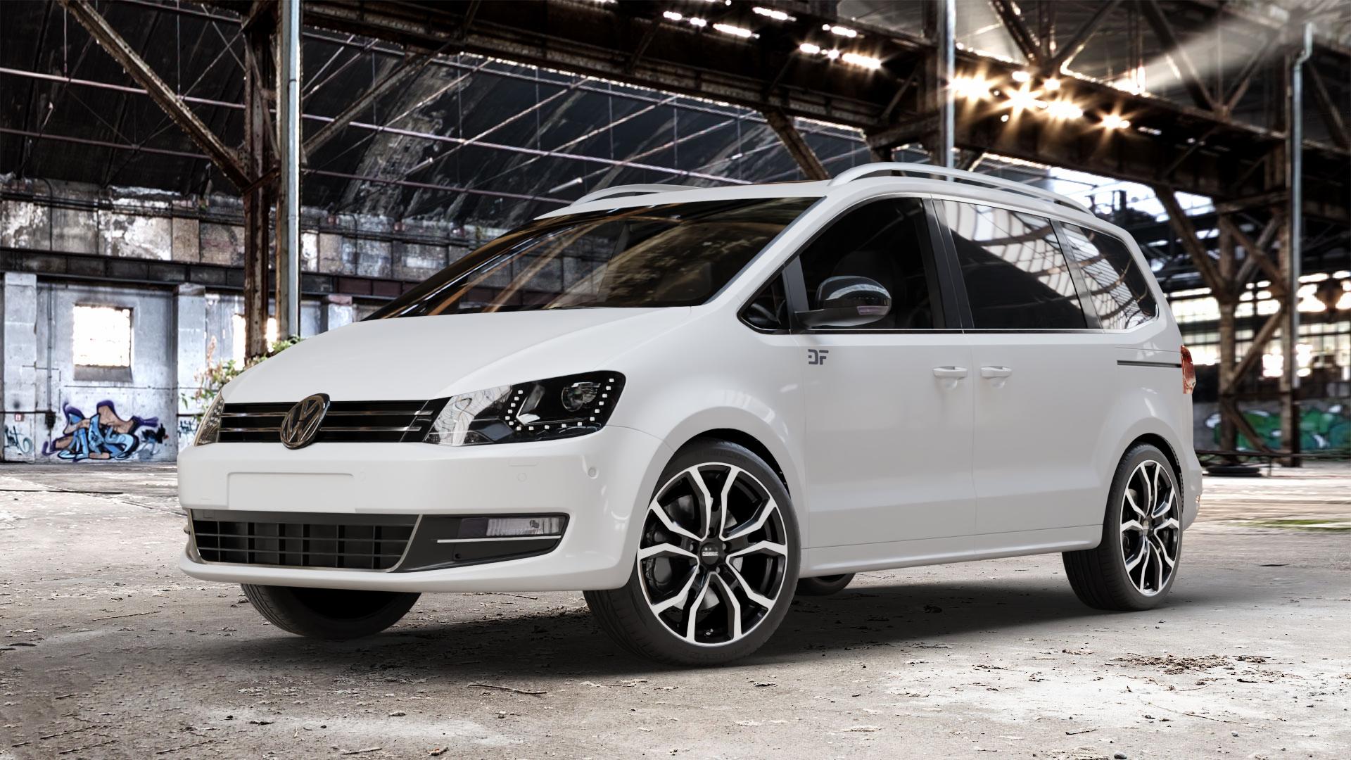 DEZENT TV BLACK/POLISHED Felge mit Reifen silber schwarz mehrfarbig in 18Zoll Winterfelge Alufelge auf weissem Volkswagen (VW) Sharan III Typ 7N (15->) ⬇️ mit 15mm Tieferlegung ⬇️ Old Industrial Hall_max_4400mm_2024 Frontansicht_1