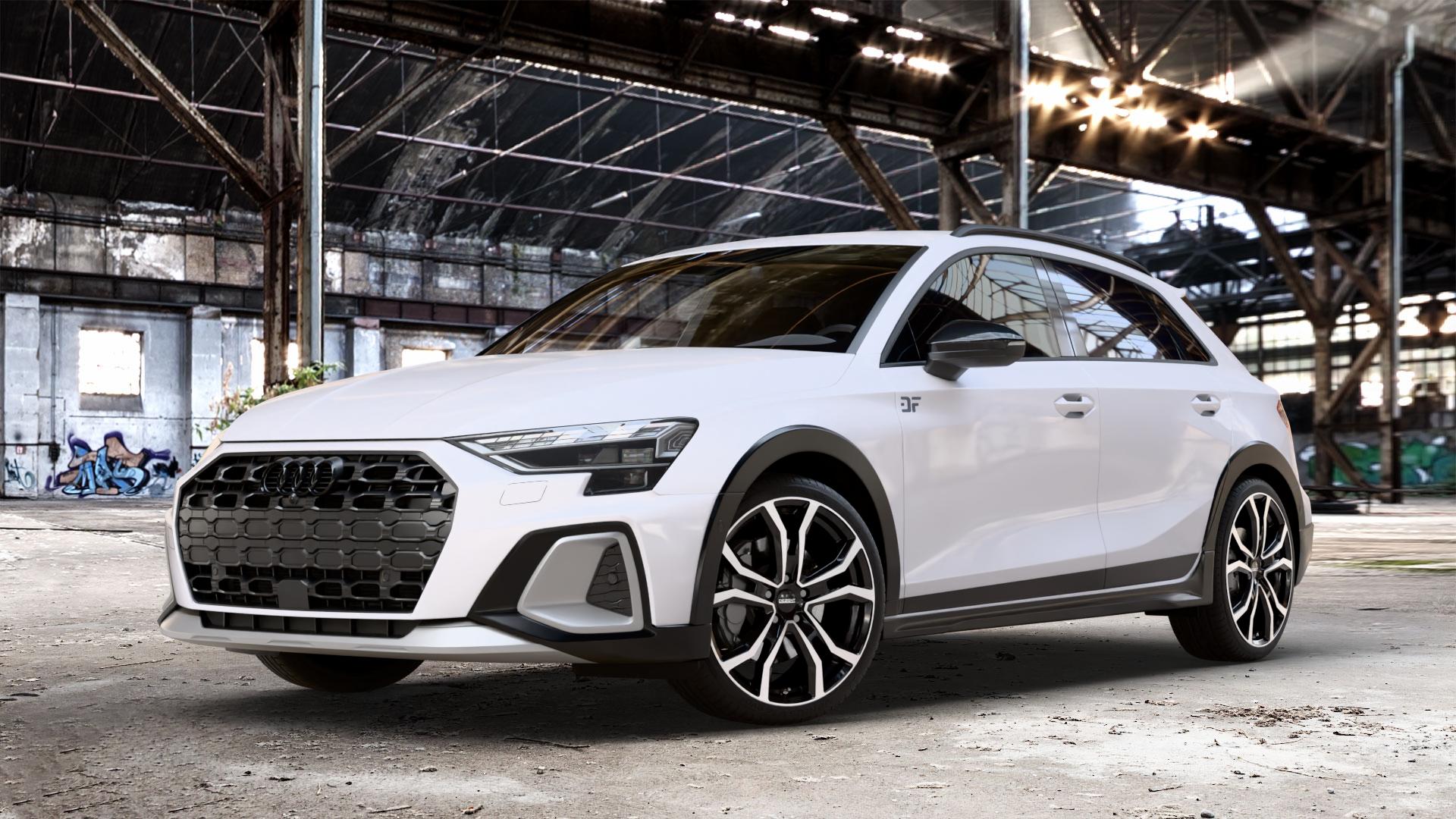 DEZENT TV BLACK/POLISHED Felge mit Reifen silber schwarz mehrfarbig in 19Zoll Winterfelge Alufelge auf weissem Audi A3 Typ GY (Allstreet) ⬇️ mit 15mm Tieferlegung ⬇️ Old Industrial Hall_max_4400mm_2024 Frontansicht_1