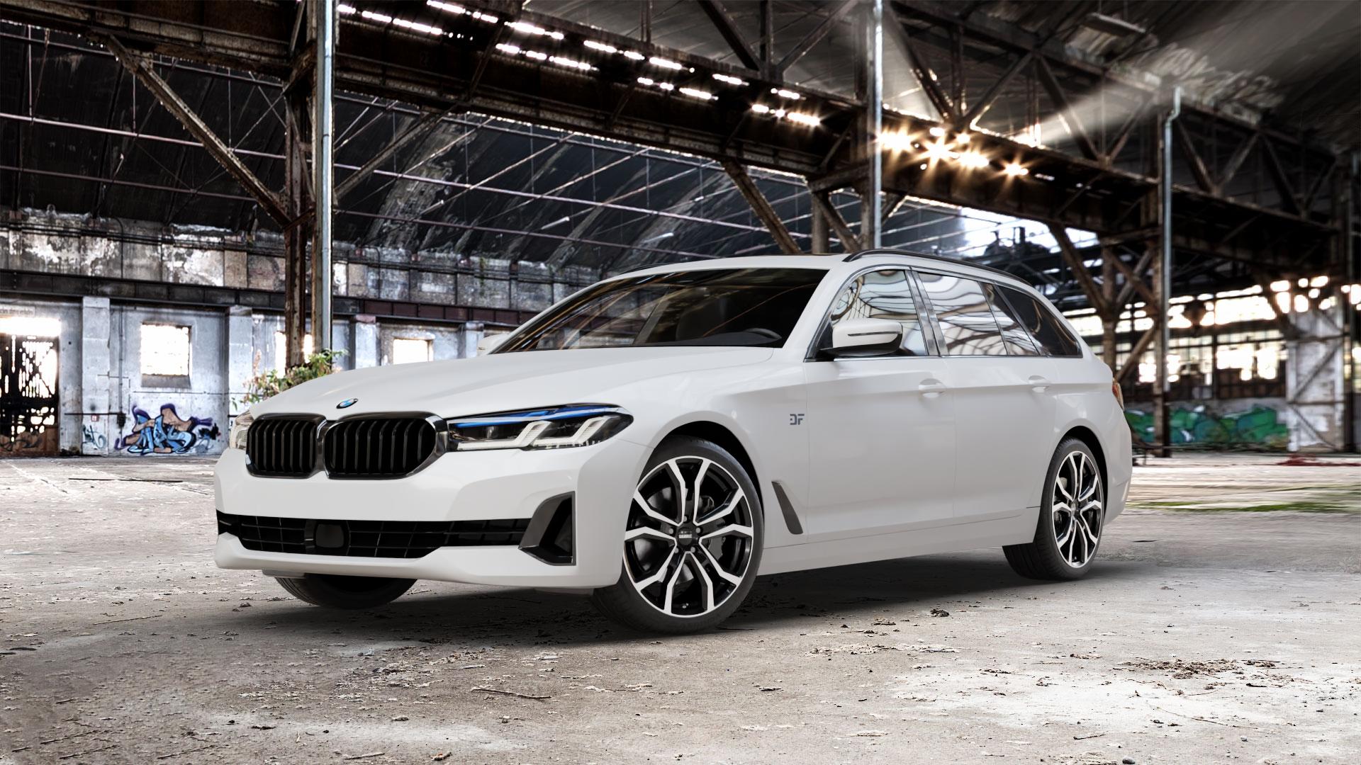 DEZENT TV BLACK/POLISHED Felge mit Reifen silber schwarz mehrfarbig in 19Zoll Winterfelge Alufelge auf weissem BMW 5er G31 Touring (G5K) Facelift ⬇️ mit 15mm Tieferlegung ⬇️ Old Industrial Hall_max_5300mm_2024 Frontansicht_1