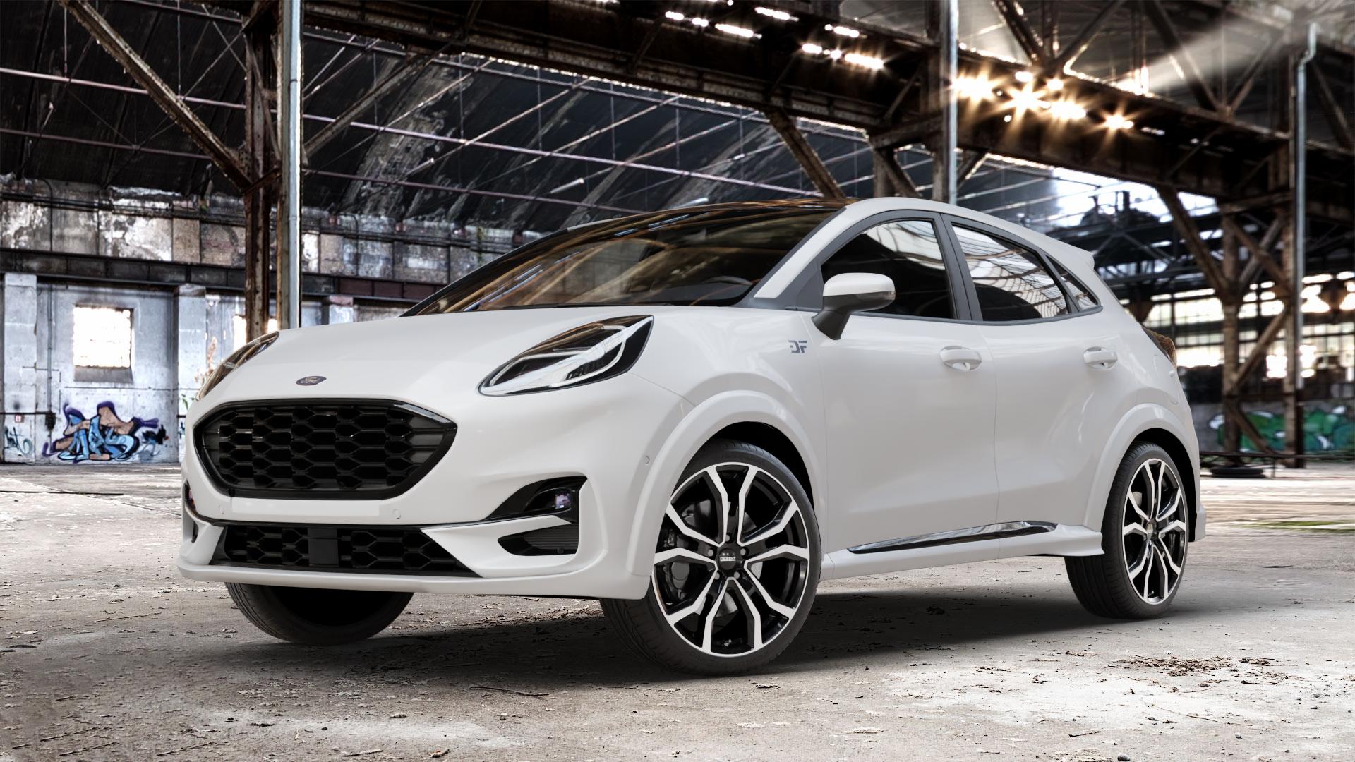 DEZENT TV BLACK/POLISHED Felge mit Reifen silber schwarz mehrfarbig in 19Zoll Winterfelge Alufelge auf weissem Ford Puma II Typ J2K 1,0l EcoBoost 114kW Mild-Hybrid (155 PS) 70kW (95 92kW (125 Facelift ⬇️ mit 15mm Tieferlegung ⬇️ Old Industrial Hall_max_4400mm_2024 Frontansicht_1