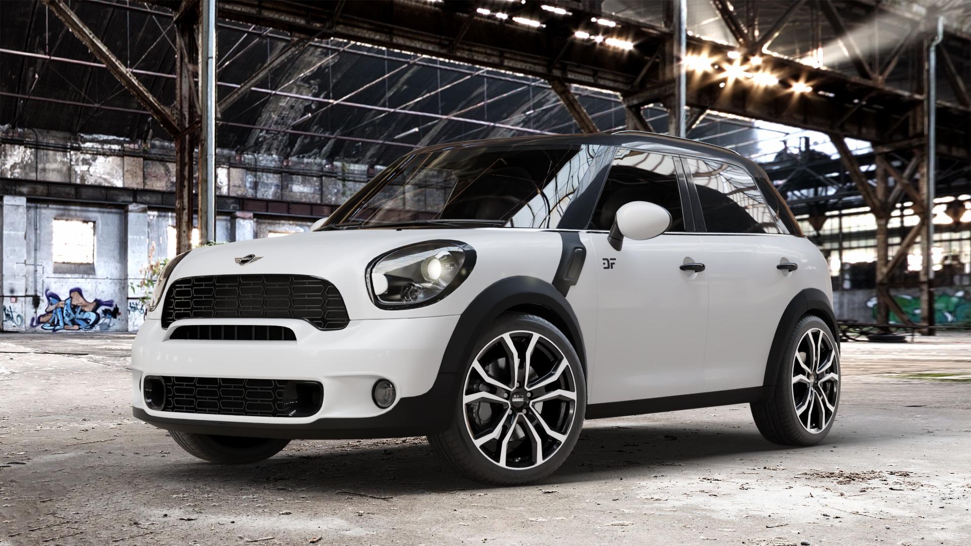 DEZENT TV BLACK/POLISHED Felge mit Reifen silber schwarz mehrfarbig in 19Zoll Winterfelge Alufelge auf weissem Mini R60 Typ UKL/X (Countryman) UKL-N1 ⬇️ mit 15mm Tieferlegung ⬇️ Old Industrial Hall_max_4400mm_2024 Frontansicht_1