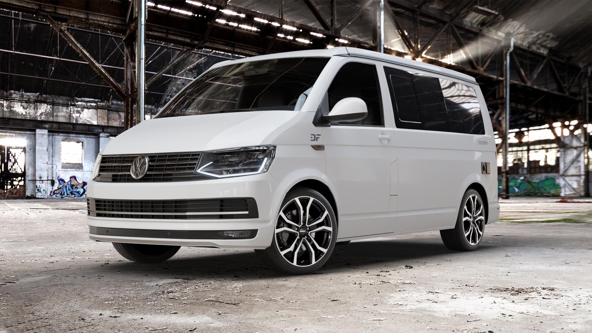 DEZENT TV BLACK/POLISHED Felge mit Reifen silber schwarz mehrfarbig in 19Zoll Winterfelge Alufelge auf weissem Volkswagen (VW) T6 California Beach ⬇️ mit 15mm Tieferlegung ⬇️ Old Industrial Hall_max_5300mm_2024 Frontansicht_1