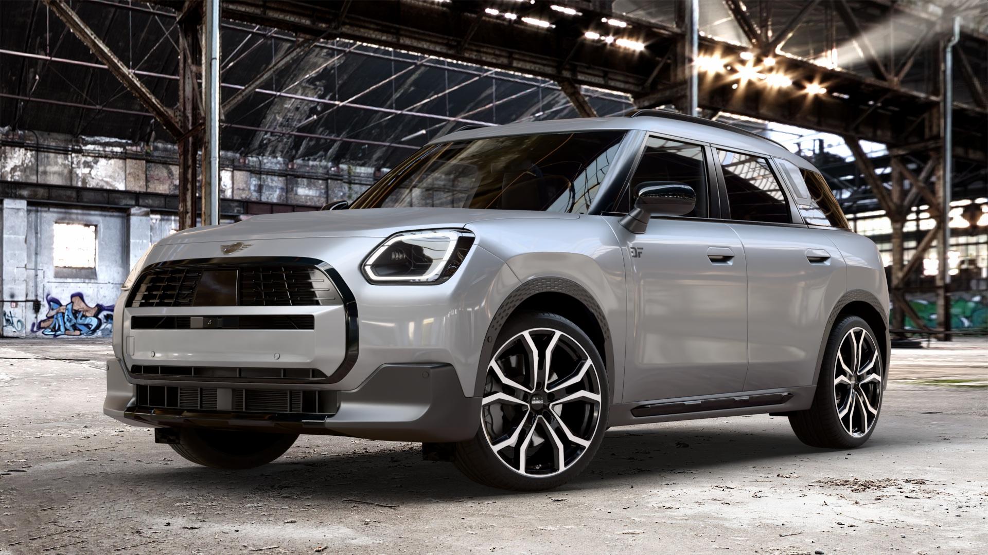 DEZENT TV BLACK/POLISHED Felge mit Reifen silber schwarz mehrfarbig in 20Zoll Winterfelge Alufelge auf metallic silbernem Mini U25 Typ UMX (Countryman) 1,5l C 100kW Mild-Hybrid (136 PS) 115kW (156 2,0l JCW ALL4 221kW (300 D 110kW (150 0,0l E 68kW (92 S 150kW (204 SE 104kW ⬇️ mit 15mm Tieferlegung ⬇️ Old Industrial Hall_max_4400mm_2024 Frontansicht_1