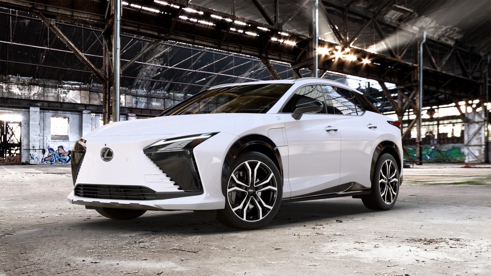 DEZENT TV BLACK/POLISHED Felge mit Reifen silber schwarz mehrfarbig in 20Zoll Winterfelge Alufelge auf weissem Lexus RZ Typ EBM1(M) ⬇️ mit 15mm Tieferlegung ⬇️ Old Industrial Hall_max_5300mm_2024 Frontansicht_1