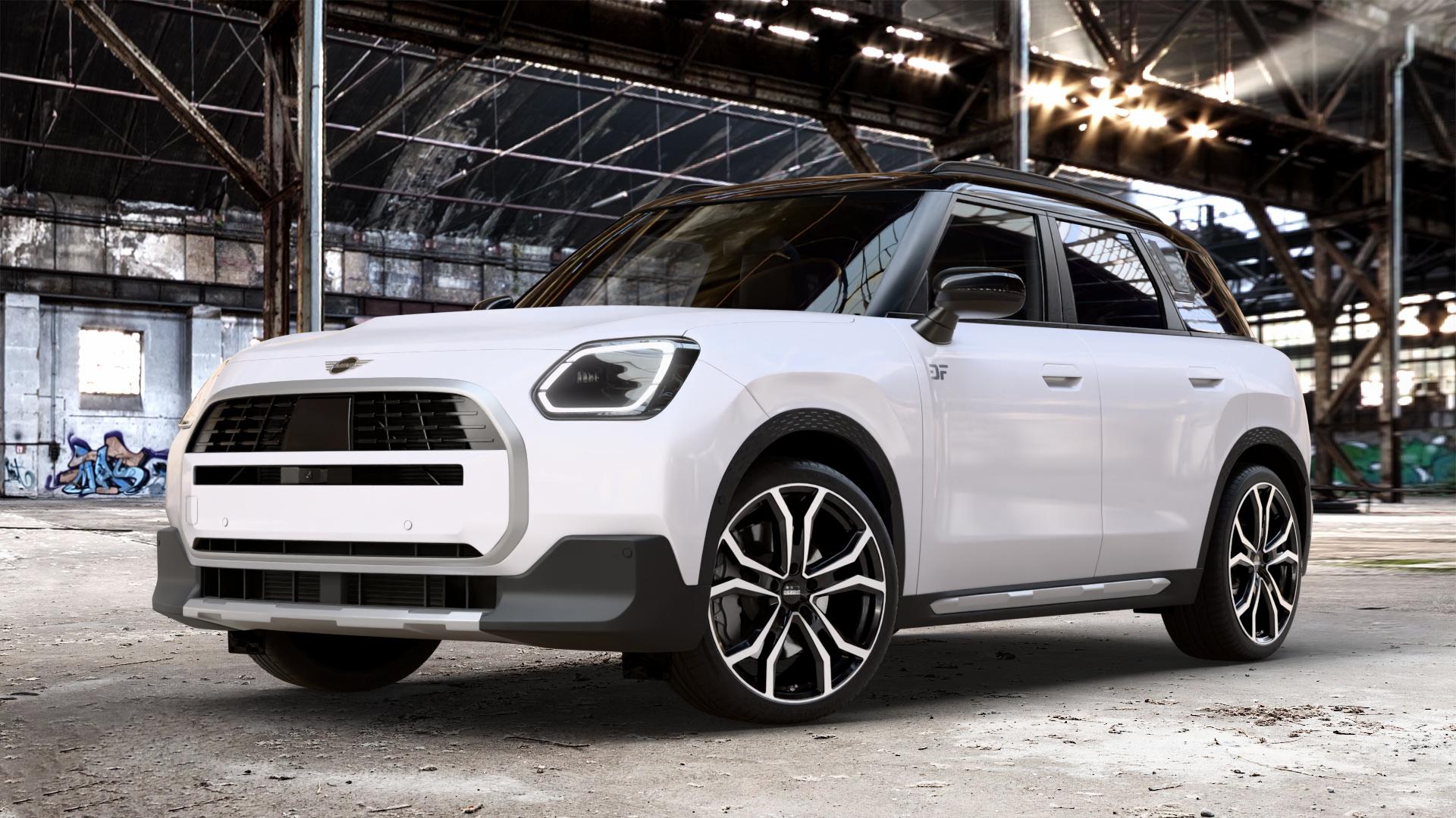 DEZENT TV BLACK/POLISHED Felge mit Reifen silber schwarz mehrfarbig in 20Zoll Winterfelge Alufelge auf weissem Mini U25 Typ UMX (Countryman) 1,5l C 100kW Mild-Hybrid (136 PS) 115kW (156 2,0l JCW ALL4 221kW (300 D 110kW (150 0,0l E 68kW (92 S 150kW (204 SE 104kW (141 ⬇️ mit 15mm Tieferlegung ⬇️ Old Industrial Hall_max_4400mm_2024 Frontansicht_1