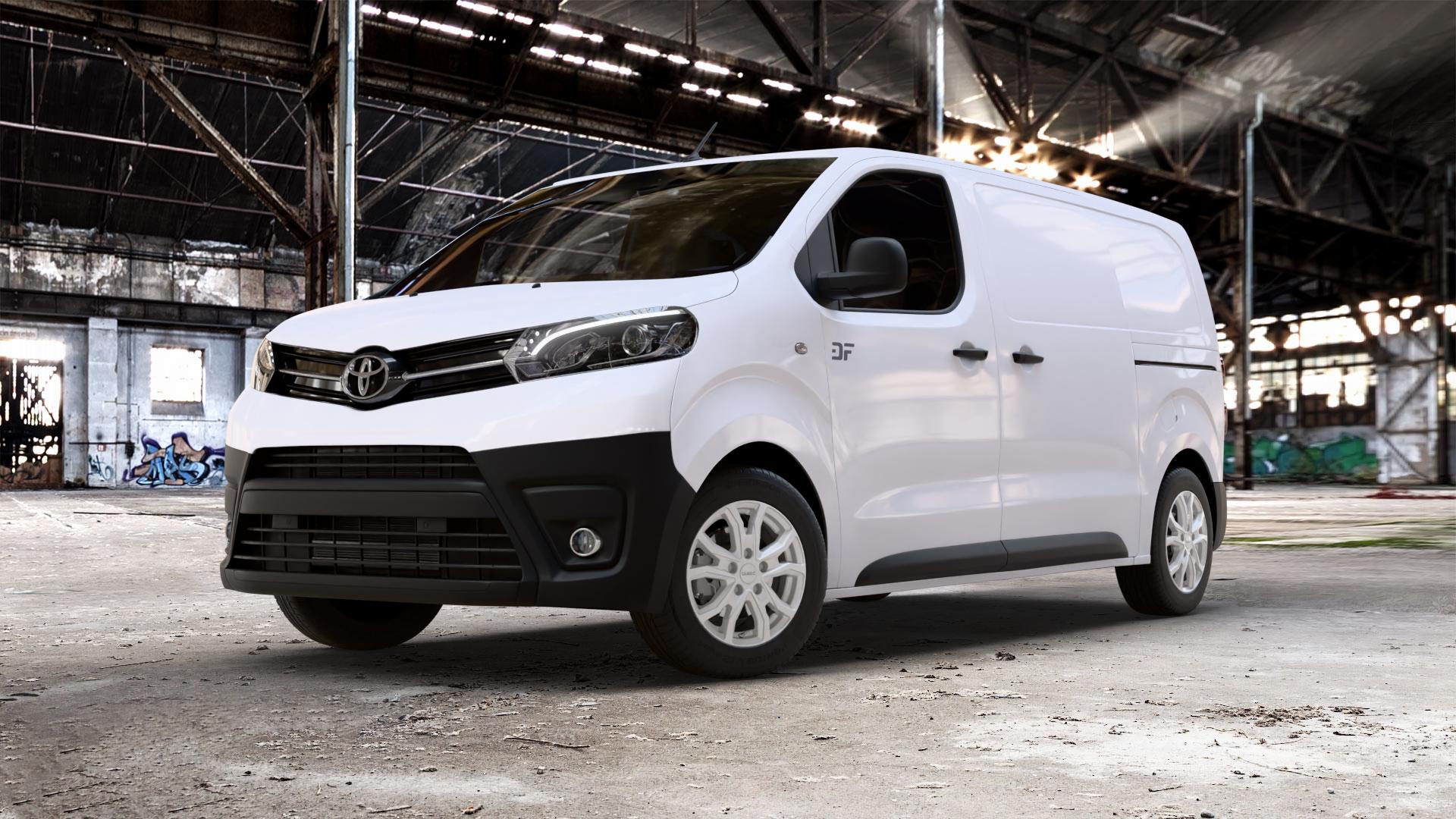 DEZENT TV SILVER Felge mit Reifen silber in 16Zoll Winterfelge Alufelge auf weissem Toyota Proace II Typ V ⬇️ mit 15mm Tieferlegung ⬇️ Old Industrial Hall_max_5300mm_2024 Frontansicht_1