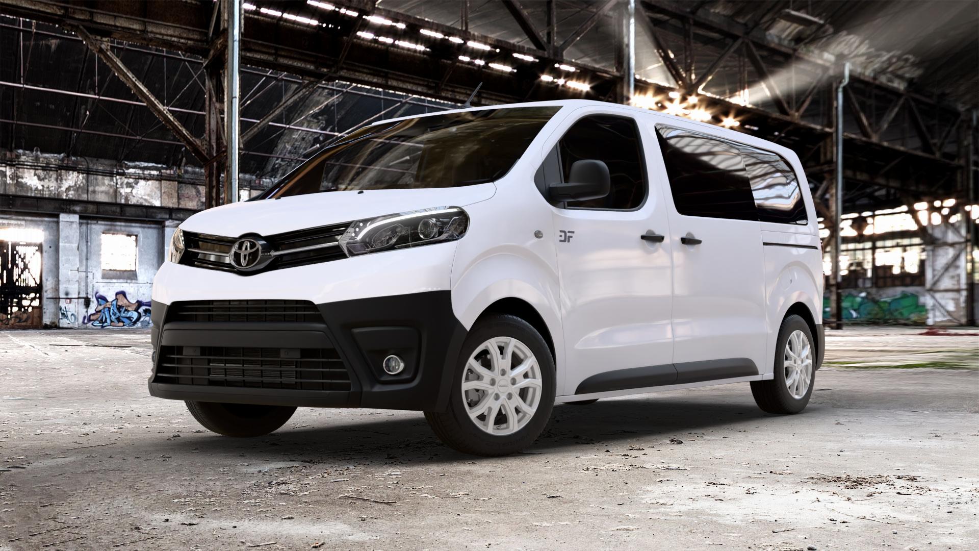 DEZENT TV SILVER Felge mit Reifen silber in 16Zoll Winterfelge Alufelge auf weissem Toyota Proace II Verso Typ V ⬇️ mit 15mm Tieferlegung ⬇️ Old Industrial Hall_max_5300mm_2024 Frontansicht_1