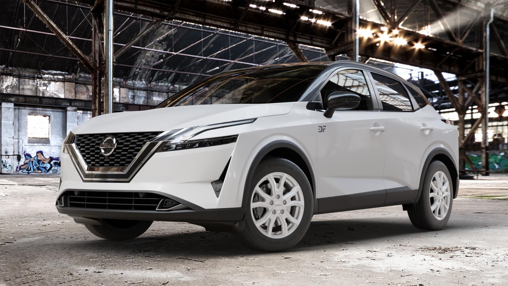 DEZENT TV SILVER Felge mit Reifen silber in 17Zoll Winterfelge Alufelge auf weissem Nissan Qashqai Typ J12 ⬇️ mit 15mm Tieferlegung ⬇️ Old Industrial Hall_max_4400mm_2024 Frontansicht_1