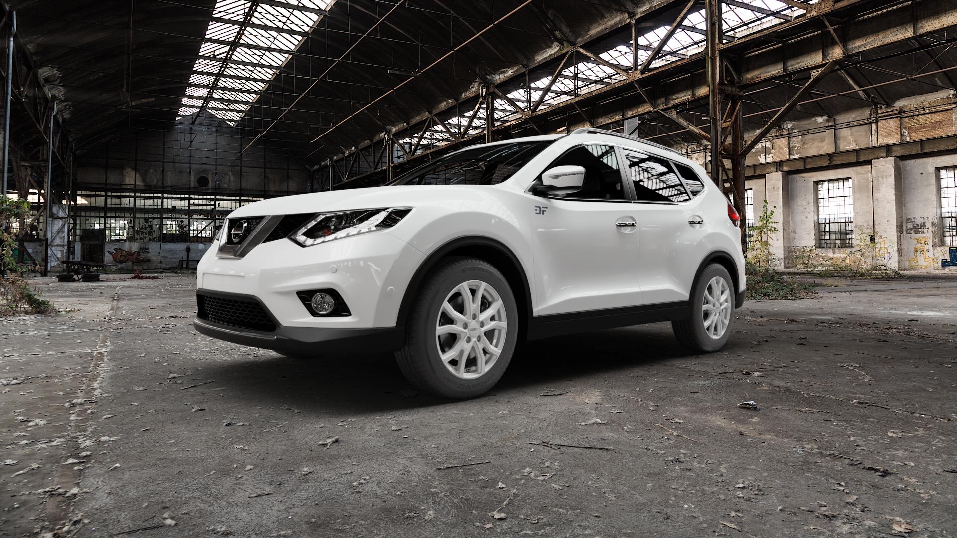 DEZENT TV SILVER Felge mit Reifen silber in 17Zoll Winterfelge Alufelge auf weissem Nissan X-Trail Typ T32 ⬇️ mit 15mm Tieferlegung ⬇️ Old Industrial Hall_max5000mm_2022 Frontansicht_1