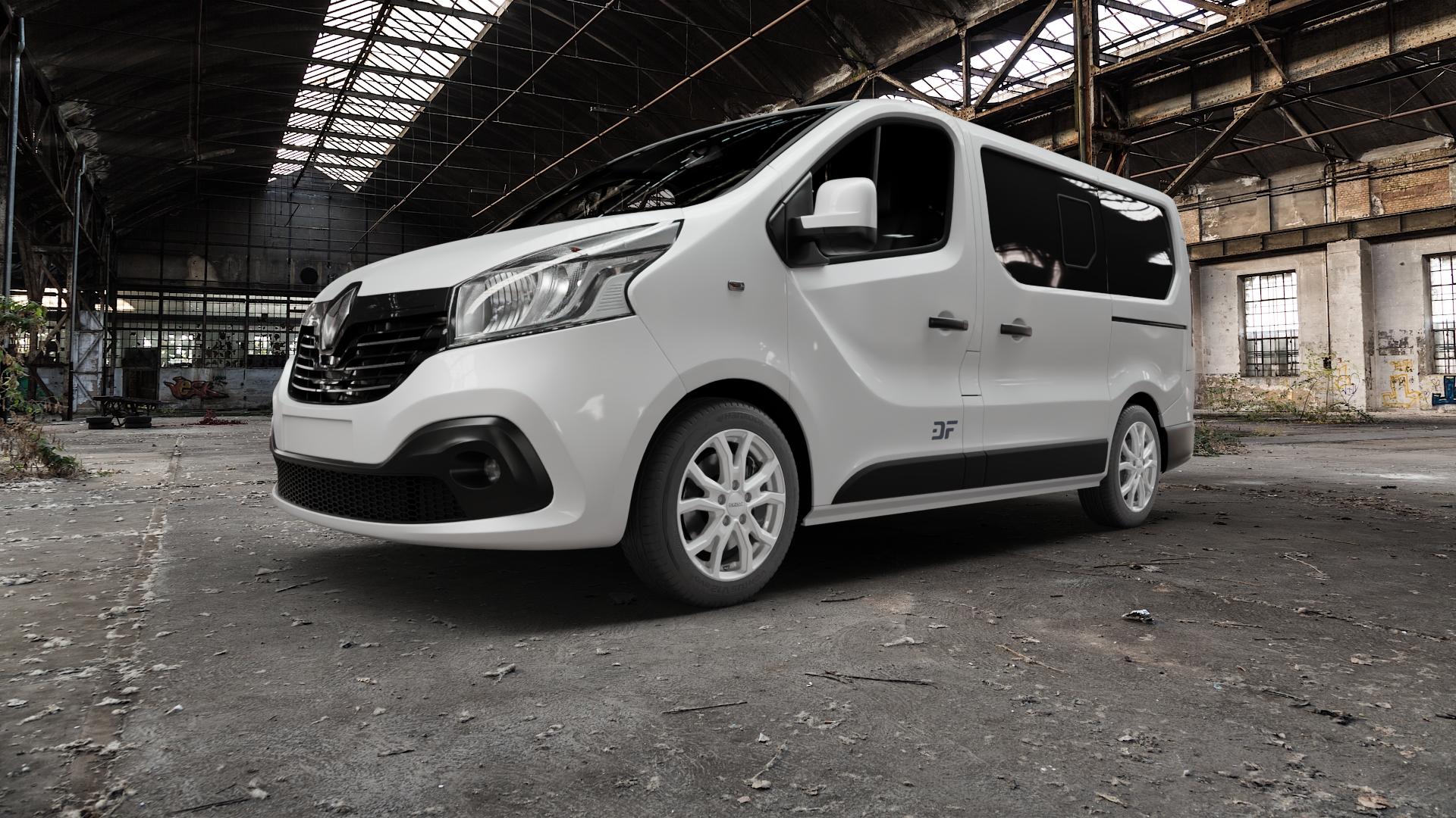 DEZENT TV SILVER Felge mit Reifen silber in 17Zoll Winterfelge Alufelge auf weissem Renault Trafic III Bus Typ JL ⬇️ mit 15mm Tieferlegung ⬇️ Old Industrial Hall_max5000mm_2022 Frontansicht_1
