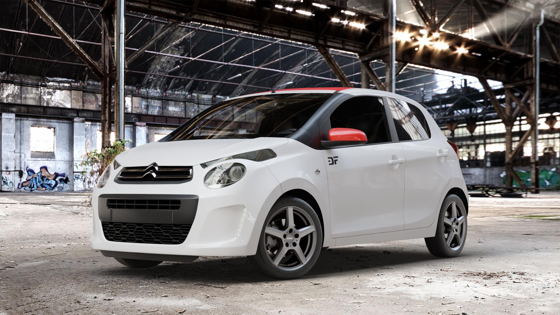 DEZENT TY GRAPHITE MATT Felge mit Reifen grau anthrazit in 15Zoll Winterfelge Alufelge auf weissem Citroen C1 II ⬇️ mit 15mm Tieferlegung ⬇️ Old Industrial Hall_max_4400mm_2024 Frontansicht_1