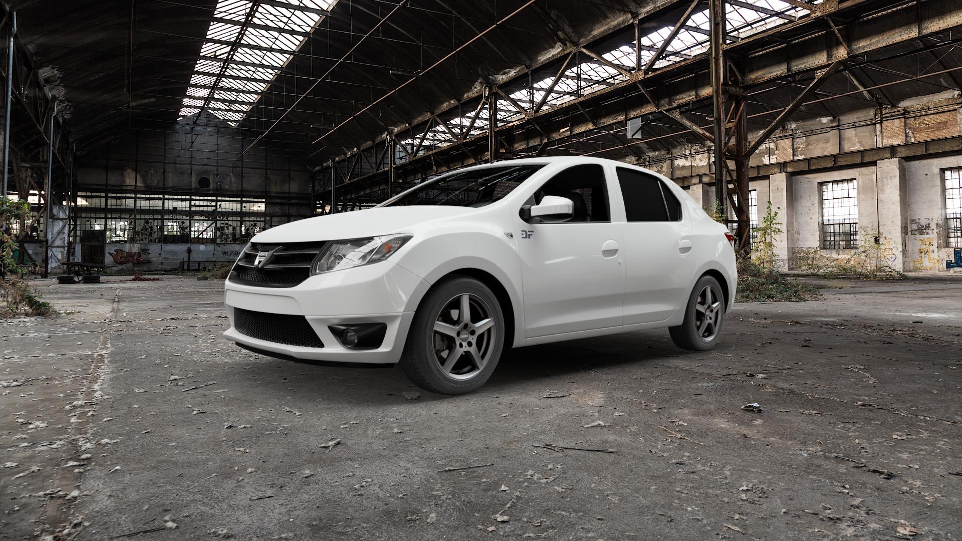 DEZENT TY GRAPHITE MATT Felge mit Reifen grau anthrazit in 15Zoll Winterfelge Alufelge auf weissem Dacia Logan II Typ SD ⬇️ mit 15mm Tieferlegung ⬇️ Old Industrial Hall_max5000mm_2022 Frontansicht_1