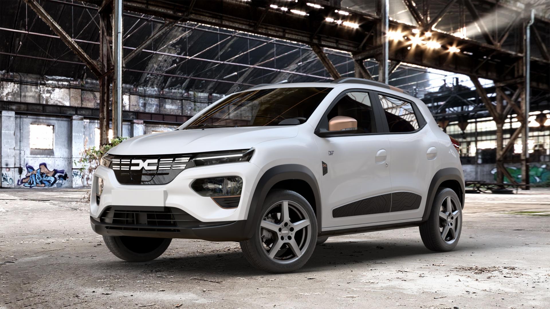 DEZENT TY GRAPHITE MATT Felge mit Reifen grau anthrazit in 15Zoll Winterfelge Alufelge auf weissem Dacia Spring Typ DBG Facelift 0,0l 19kW (26 PS) 30kW (41 ⬇️ mit 15mm Tieferlegung ⬇️ Old Industrial Hall_max_4400mm_2024 Frontansicht_1
