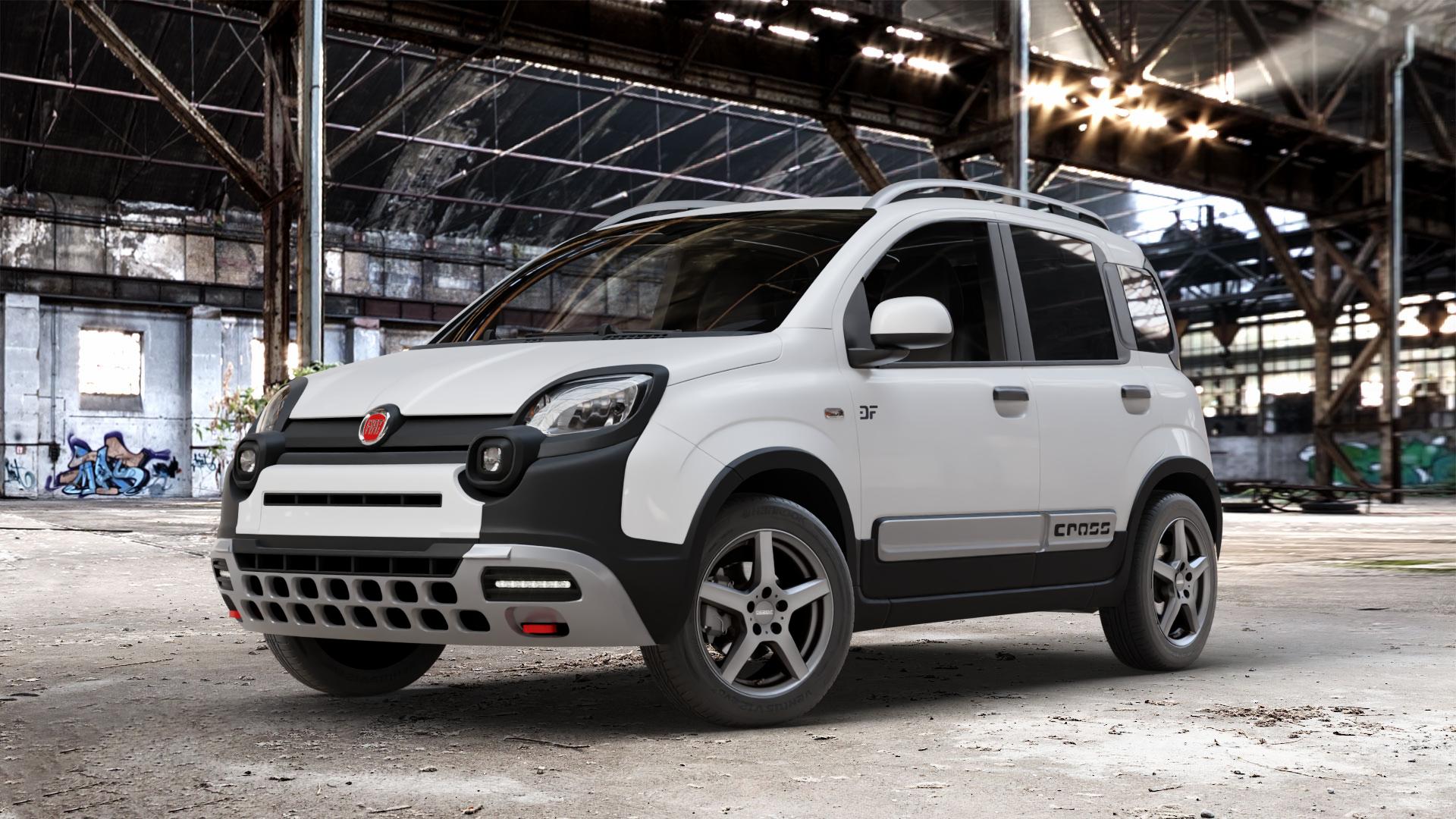DEZENT TY GRAPHITE MATT Felge mit Reifen grau anthrazit in 15Zoll Winterfelge Alufelge auf weissem Fiat Panda Cross Typ 312 ⬇️ mit 15mm Tieferlegung ⬇️ Old Industrial Hall_max_4400mm_2024 Frontansicht_1