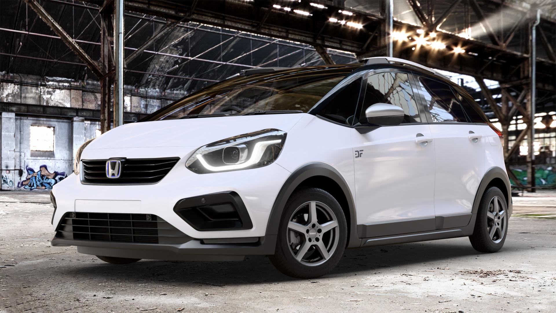 DEZENT TY GRAPHITE MATT Felge mit Reifen grau anthrazit in 15Zoll Winterfelge Alufelge auf weissem Honda Jazz V Crosstar (GR) Facelift ⬇️ mit 15mm Tieferlegung ⬇️ Old Industrial Hall_max_4400mm_2024 Frontansicht_1
