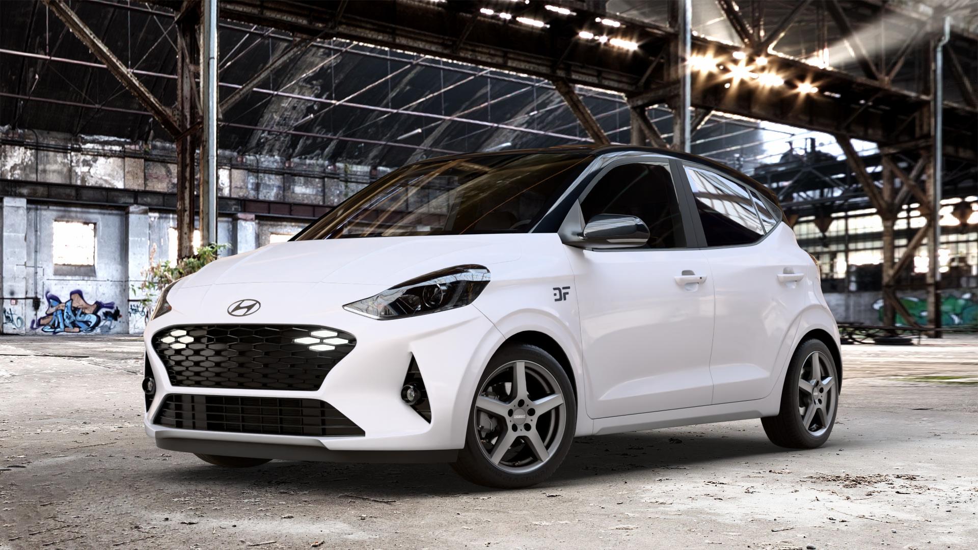 DEZENT TY GRAPHITE MATT Felge mit Reifen grau anthrazit in 15Zoll Winterfelge Alufelge auf weissem Hyundai i10 Typ AC3 Facelift ⬇️ mit 15mm Tieferlegung ⬇️ Old Industrial Hall_max_4400mm_2024 Frontansicht_1
