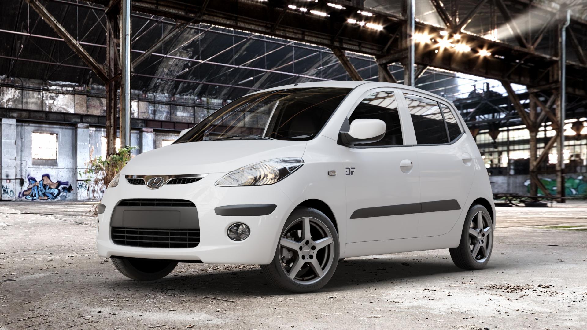 DEZENT TY GRAPHITE MATT Felge mit Reifen grau anthrazit in 15Zoll Winterfelge Alufelge auf weissem Hyundai i10 Typ PA ⬇️ mit 15mm Tieferlegung ⬇️ Old Industrial Hall_max_4400mm_2024 Frontansicht_1