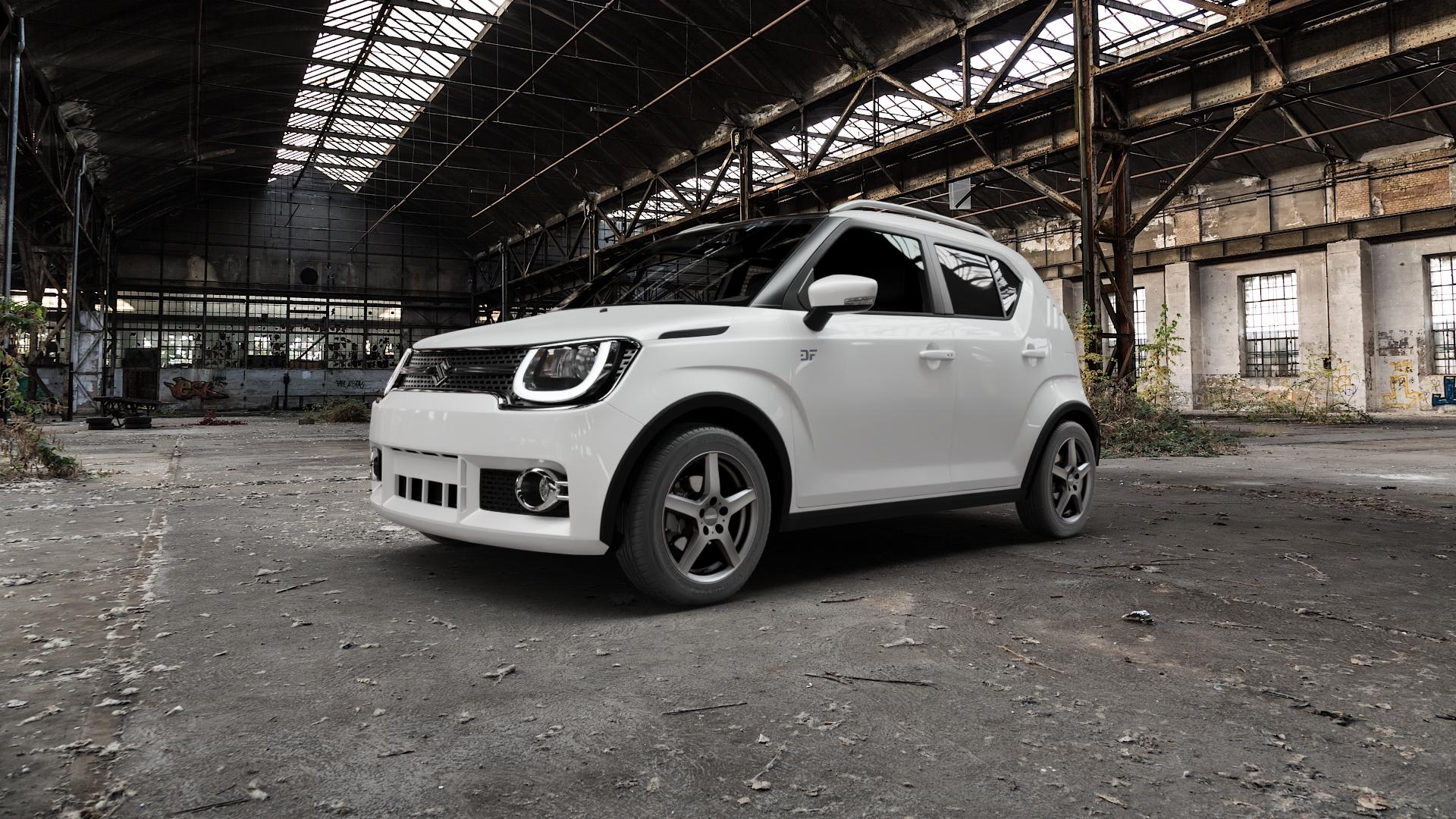 DEZENT TY GRAPHITE MATT Felge mit Reifen grau anthrazit in 15Zoll Winterfelge Alufelge auf weissem Suzuki Ignis III Typ MF ⬇️ mit 15mm Tieferlegung ⬇️ Old Industrial Hall_max5000mm_2022 Frontansicht_1