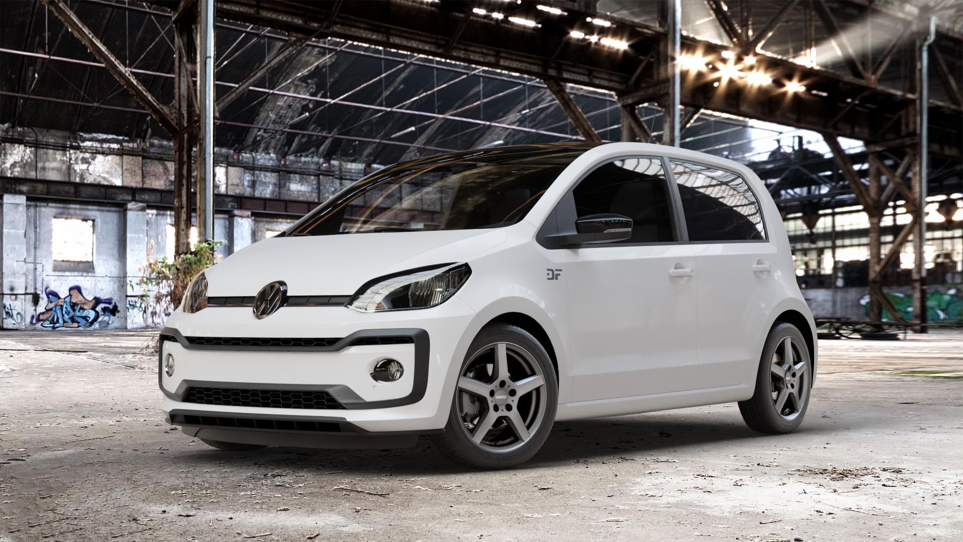 DEZENT TY GRAPHITE MATT Felge mit Reifen grau anthrazit in 15Zoll Winterfelge Alufelge auf weissem Volkswagen (VW) UP Facelift ⬇️ mit 15mm Tieferlegung ⬇️ Old Industrial Hall_max_4400mm_2024 Frontansicht_1