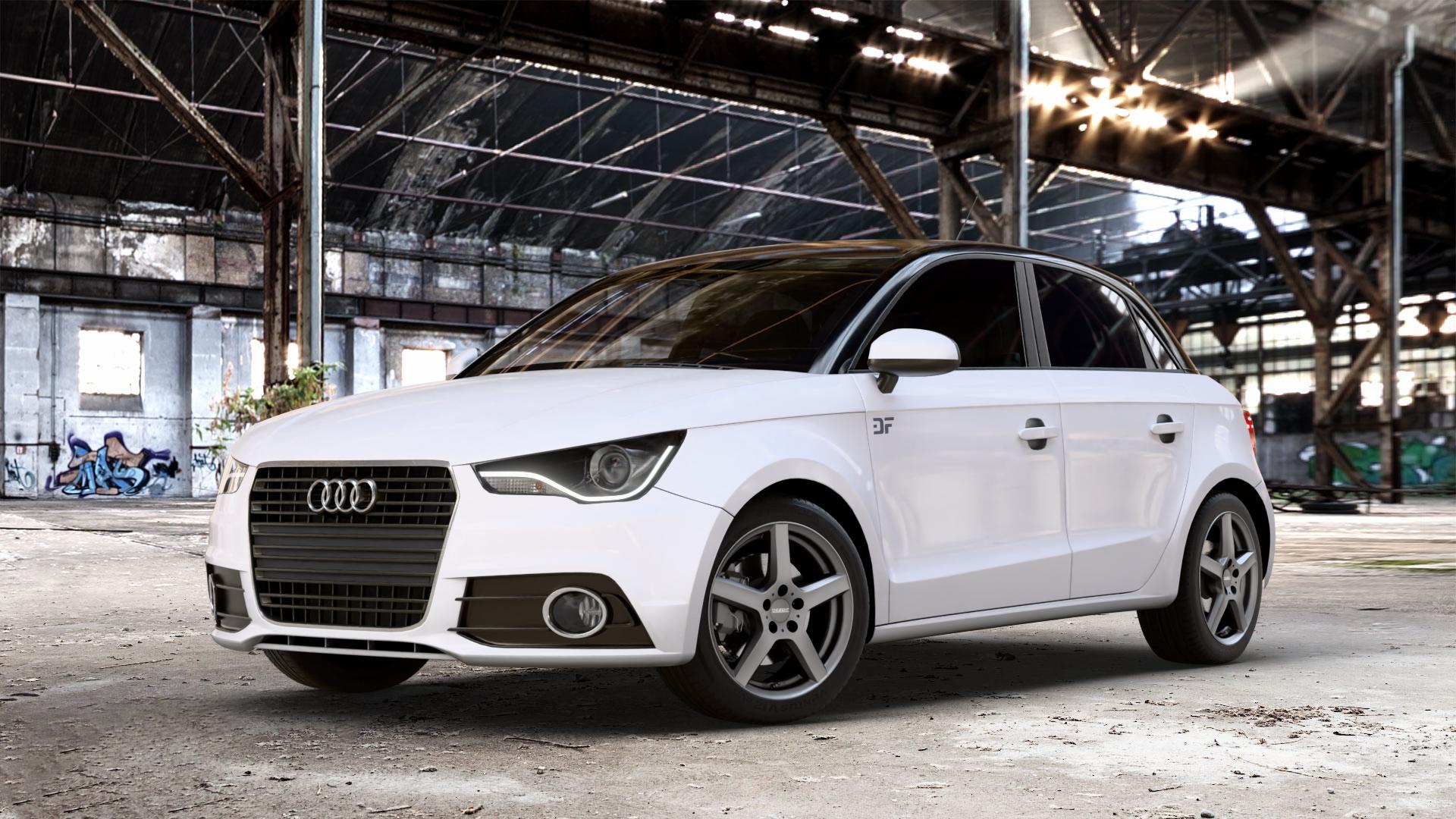 DEZENT TY GRAPHITE MATT Felge mit Reifen grau anthrazit in 16Zoll Winterfelge Alufelge auf weissem Audi A1 Typ 8X (Sportback) Facelift ⬇️ mit 15mm Tieferlegung ⬇️ Old Industrial Hall_max_4400mm_2024 Frontansicht_1