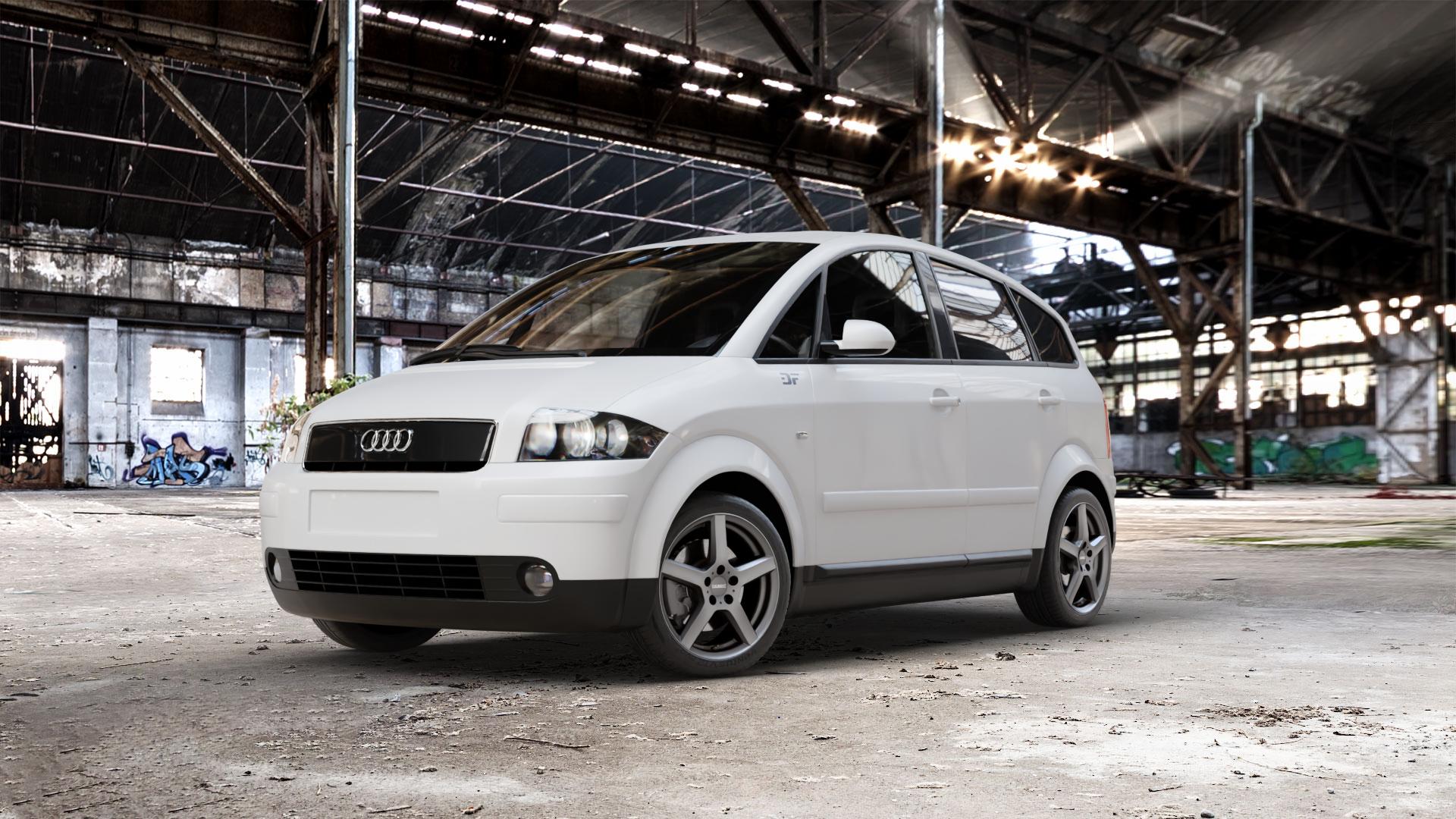 DEZENT TY GRAPHITE MATT Felge mit Reifen grau anthrazit in 16Zoll Winterfelge Alufelge auf weissem Audi A2 ⬇️ mit 15mm Tieferlegung ⬇️ Old Industrial Hall_max_5300mm_2024 Frontansicht_1