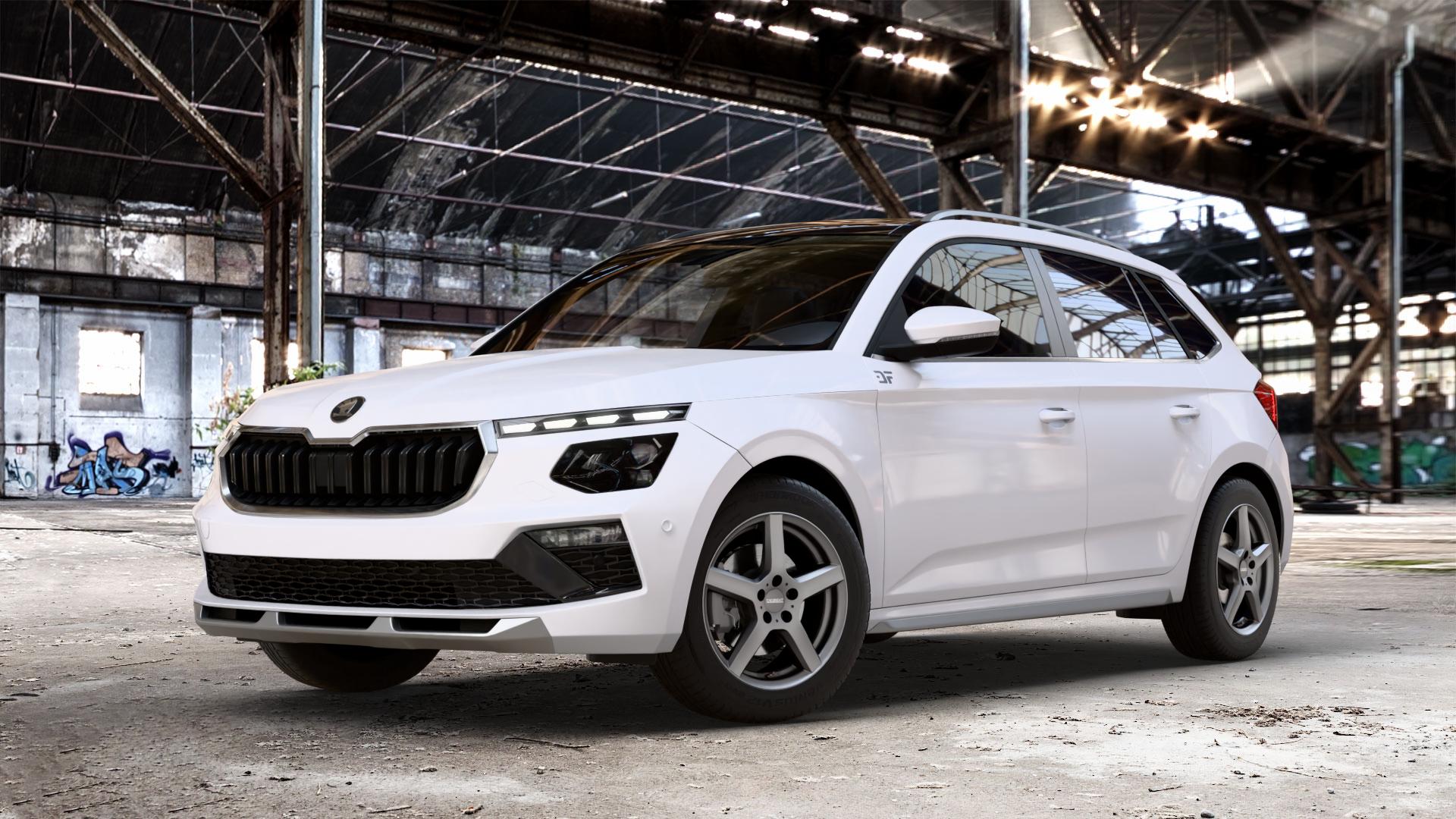 DEZENT TY GRAPHITE MATT Felge mit Reifen grau anthrazit in 16Zoll Winterfelge Alufelge auf weissem Skoda Kamiq Typ NW Facelift 1,0l TSI 70kW (95 PS) 85kW (116 1,5l 110kW (150 ⬇️ mit 15mm Tieferlegung ⬇️ Old Industrial Hall_max_4400mm_2024 Frontansicht_1