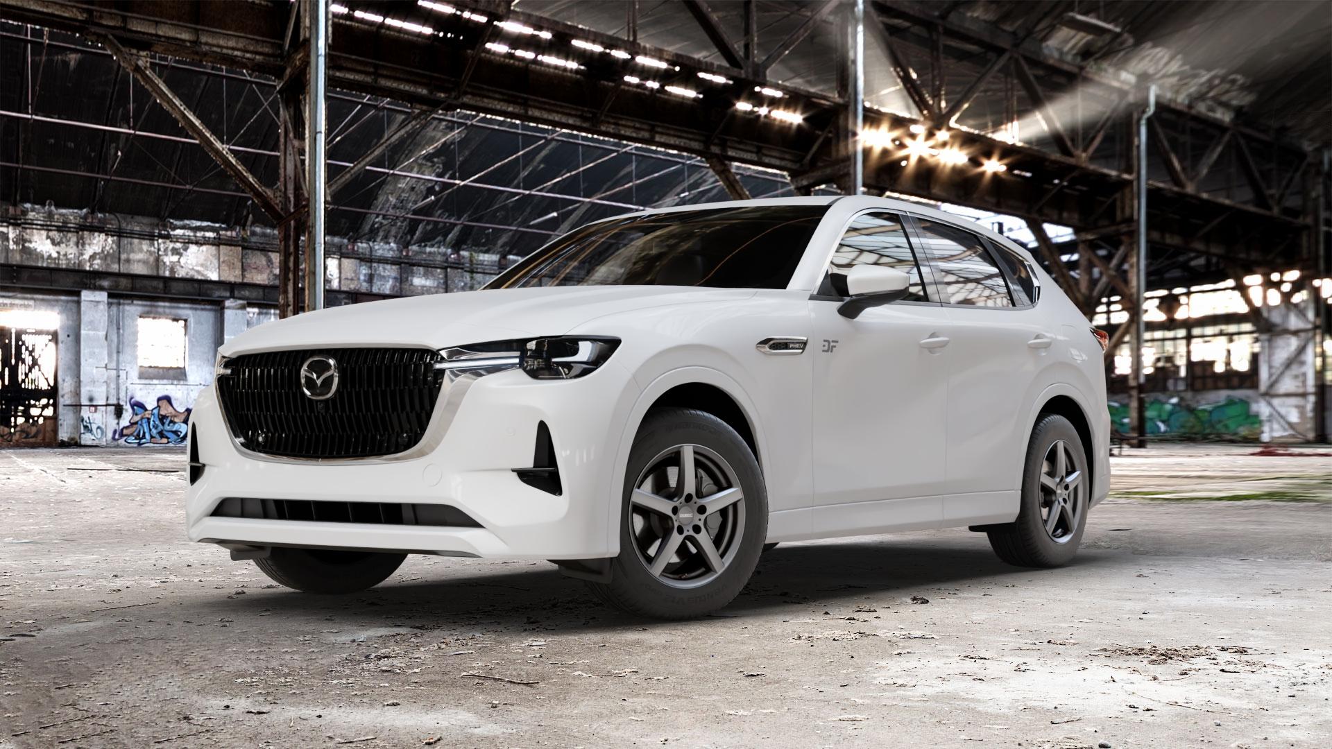 DEZENT TY GRAPHITE MATT Felge mit Reifen grau anthrazit in 17Zoll Winterfelge Alufelge auf weissem Mazda CX-60 Typ KH01 CX ⬇️ mit 15mm Tieferlegung ⬇️ Old Industrial Hall_max_5300mm_2024 Frontansicht_1
