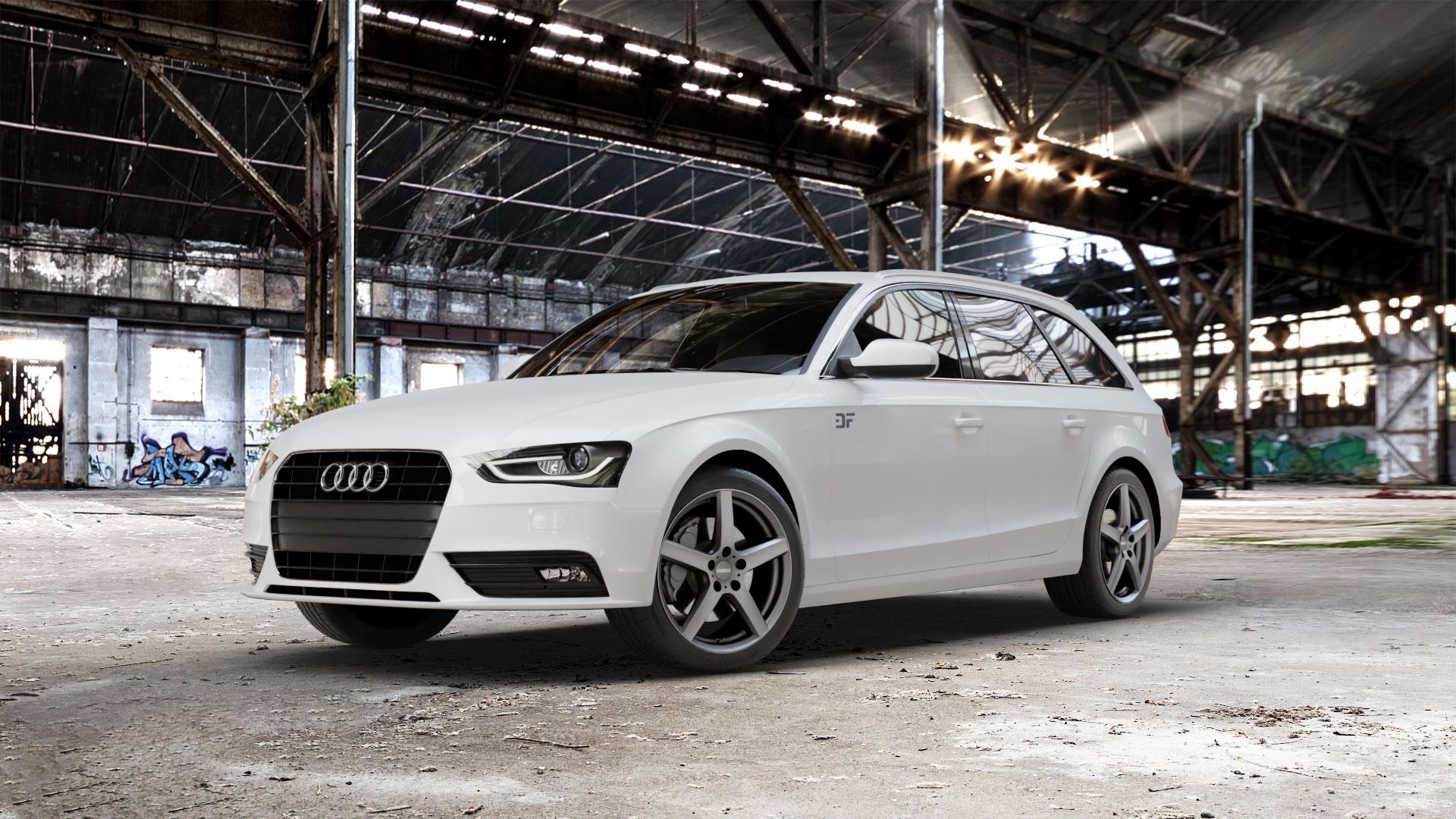 DEZENT TY GRAPHITE MATT Felge mit Reifen grau anthrazit in 18Zoll Winterfelge Alufelge auf weissem Audi A4 Typ 8K5/B8 (Avant) Facelift ⬇️ mit 15mm Tieferlegung ⬇️ Old Industrial Hall_max_5300mm_2024 Frontansicht_1
