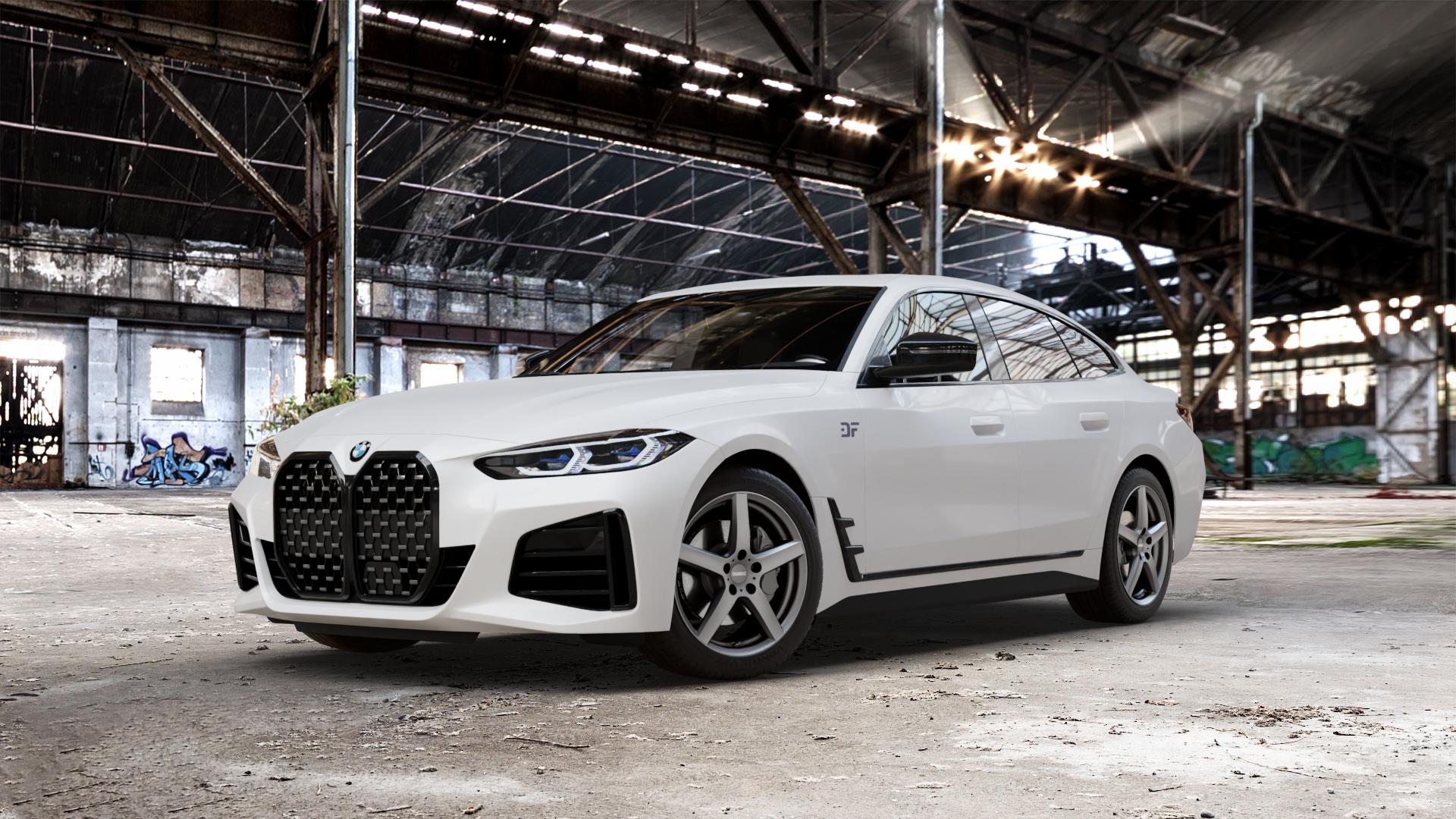 DEZENT TY GRAPHITE MATT Felge mit Reifen grau anthrazit in 18Zoll Winterfelge Alufelge auf weissem BMW 4er G26 Gran Coupe (G4C) ⬇️ mit 15mm Tieferlegung ⬇️ Old Industrial Hall_max_5300mm_2024 Frontansicht_1