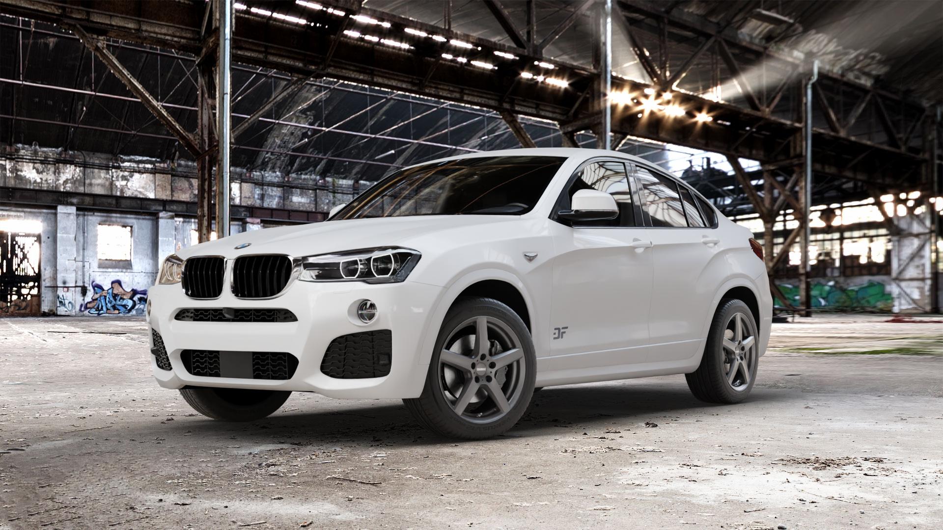 DEZENT TY GRAPHITE MATT Felge mit Reifen grau anthrazit in 18Zoll Winterfelge Alufelge auf weissem BMW X4 Typ F26 (X3, X-N1) ⬇️ mit 15mm Tieferlegung ⬇️ Old Industrial Hall_max_5300mm_2024 Frontansicht_1