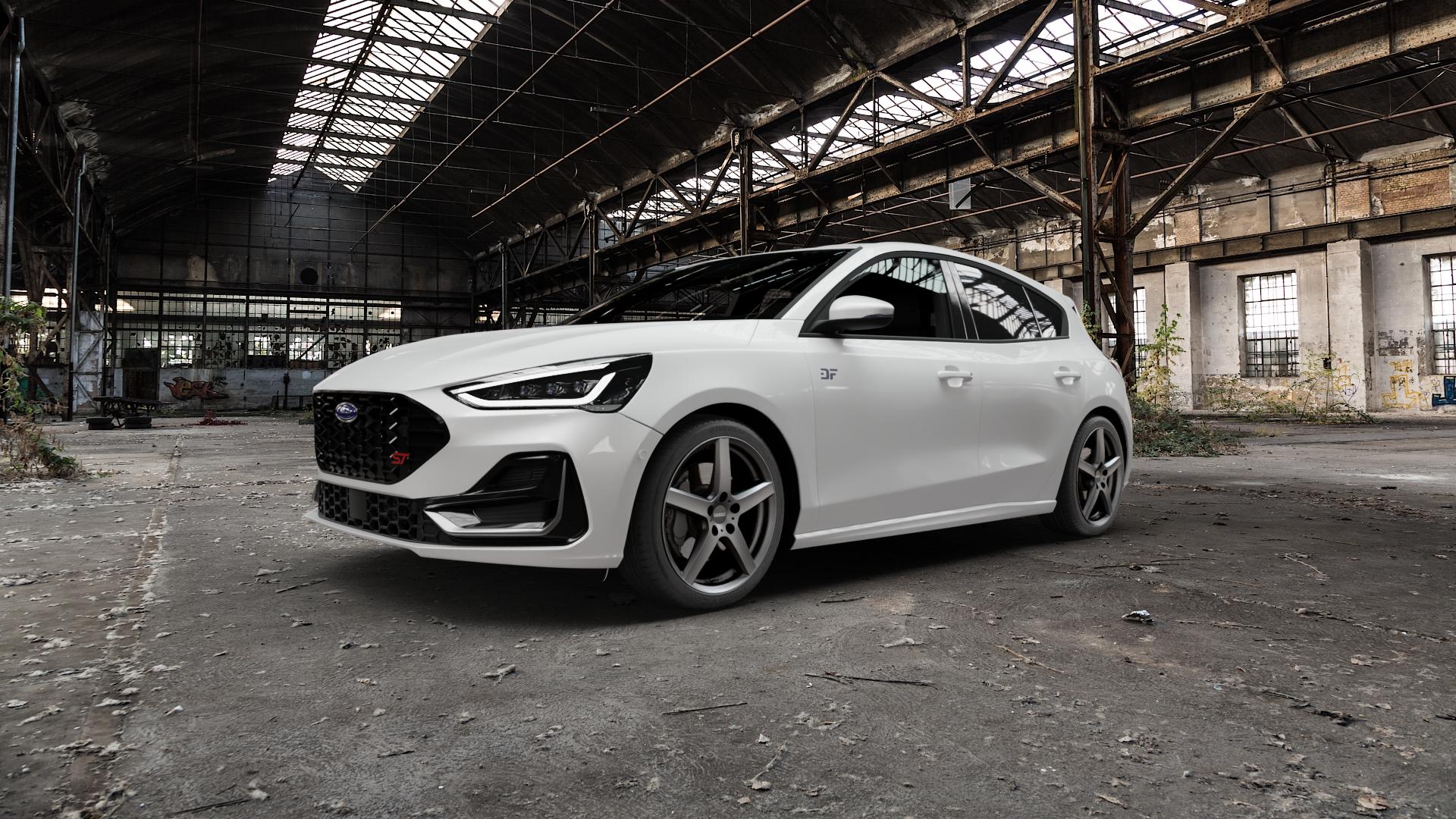 DEZENT TY GRAPHITE MATT Felge mit Reifen grau anthrazit in 18Zoll Winterfelge Alufelge auf weissem Ford Focus IV Typ DEH Facelift (Schrägheck) 2,3l EcoBoost 206kW ST (280 PS) ⬇️ mit 15mm Tieferlegung ⬇️ Old Industrial Hall_max5000mm_2022 Frontansicht_1
