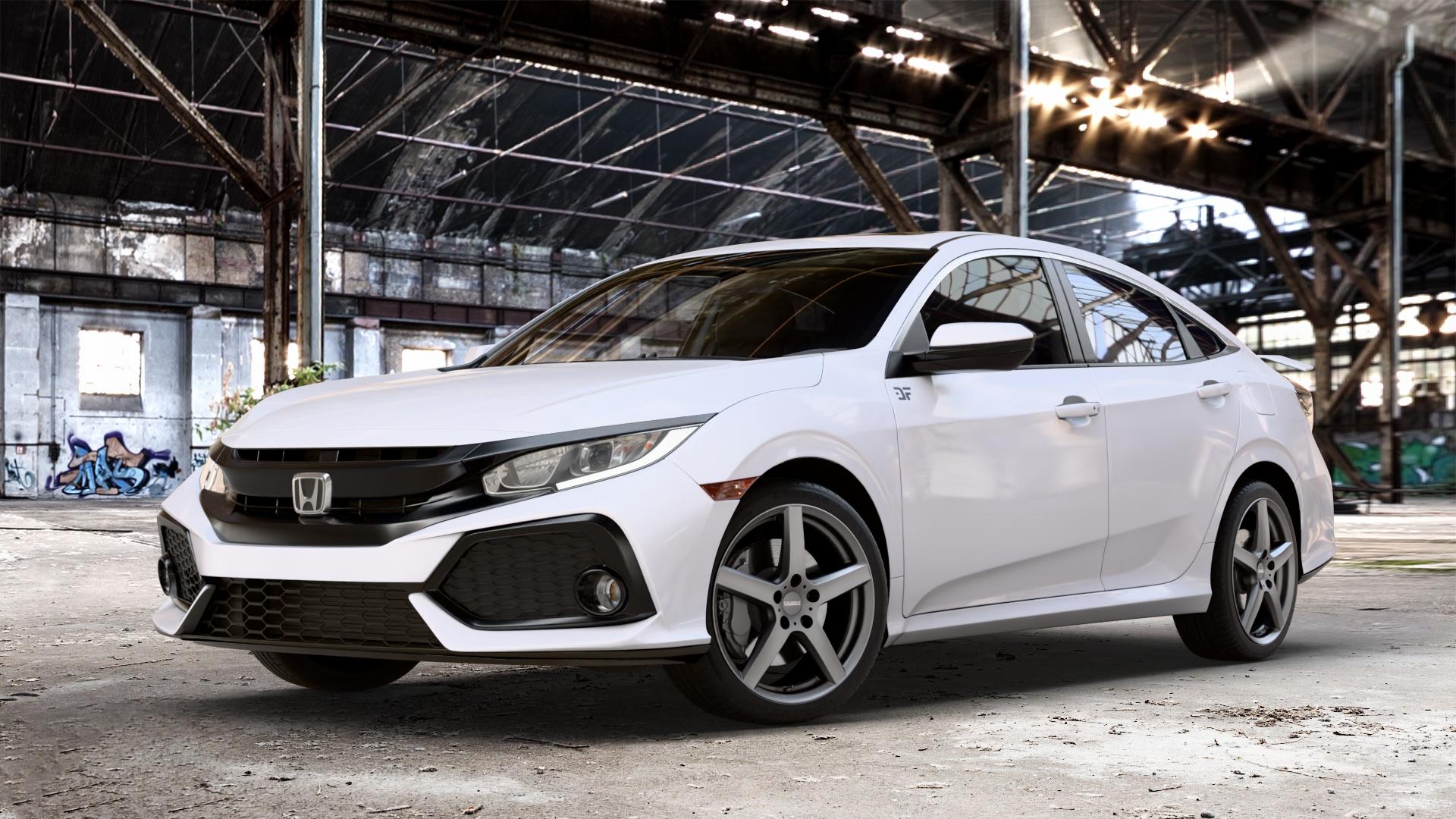 DEZENT TY GRAPHITE MATT Felge mit Reifen grau anthrazit in 18Zoll Winterfelge Alufelge auf weissem Honda Civic 10 Stufenheck (FC) ⬇️ mit 15mm Tieferlegung ⬇️ Old Industrial Hall_max_4400mm_2024 Frontansicht_1
