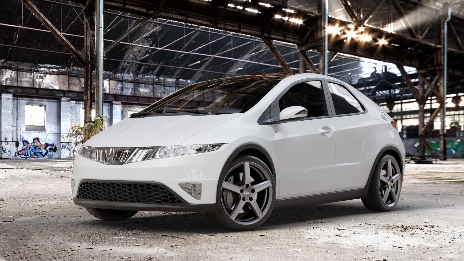 DEZENT TY GRAPHITE MATT Felge mit Reifen grau anthrazit in 18Zoll Winterfelge Alufelge auf weissem Honda Civic 8 Dreitürer (FN) ⬇️ mit 15mm Tieferlegung ⬇️ Old Industrial Hall_max_4400mm_2024 Frontansicht_1