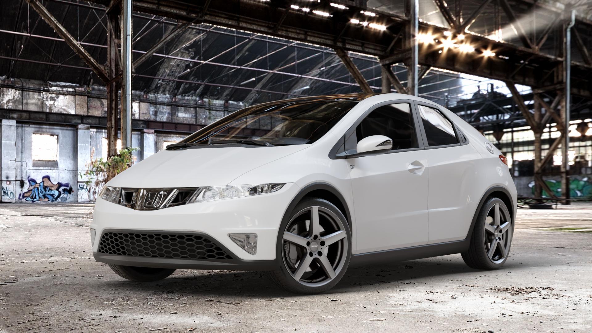 DEZENT TY GRAPHITE MATT Felge mit Reifen grau anthrazit in 18Zoll Winterfelge Alufelge auf weissem Honda Civic 8 Fünftürer (FK) 1,4l V-Tec (FK1) 73kW (99 PS) ⬇️ mit 15mm Tieferlegung ⬇️ Old Industrial Hall_max_4400mm_2024 Frontansicht_1
