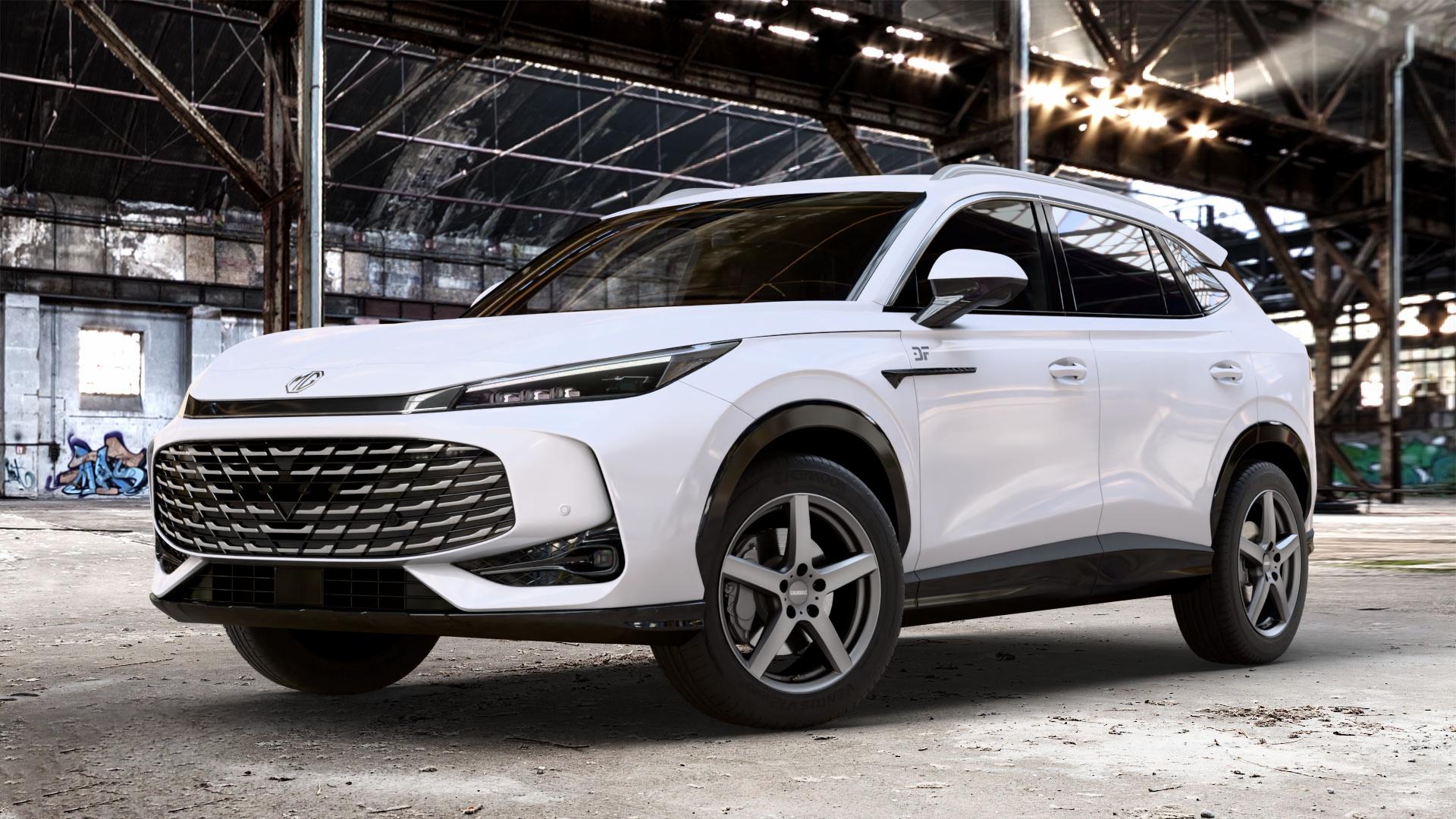 DEZENT TY GRAPHITE MATT Felge mit Reifen grau anthrazit in 18Zoll Winterfelge Alufelge auf weissem MG HS Typ AS3A 1,5l T 125kW (170 PS) PHEV 105kW (143 ⬇️ mit 15mm Tieferlegung ⬇️ Old Industrial Hall_max_4400mm_2024 Frontansicht_1