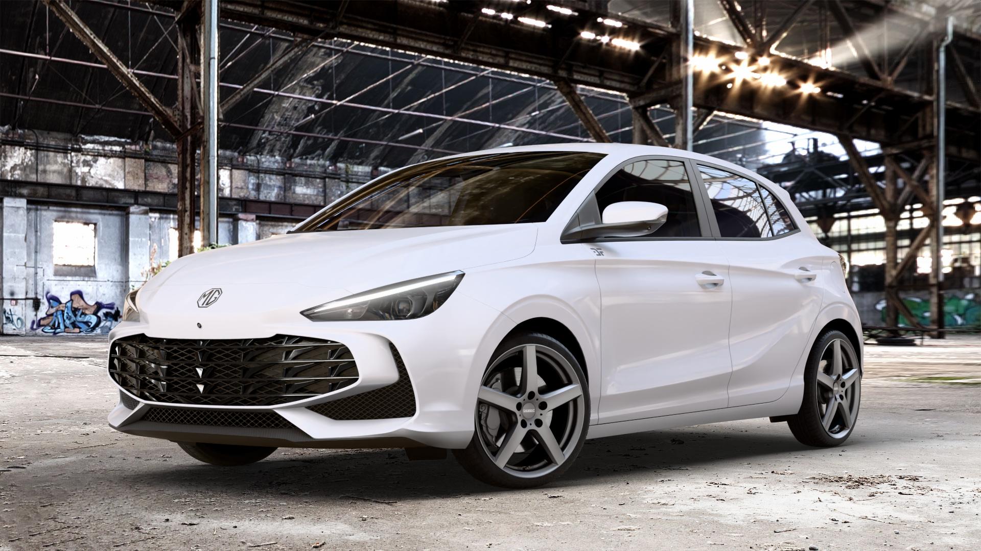 DEZENT TY GRAPHITE MATT Felge mit Reifen grau anthrazit in 18Zoll Winterfelge Alufelge auf weissem MG MG3 Typ ZP2A 1,5l 75kW Mild-Hybrid (102 PS) ⬇️ mit 15mm Tieferlegung ⬇️ Old Industrial Hall_max_4400mm_2024 Frontansicht_1