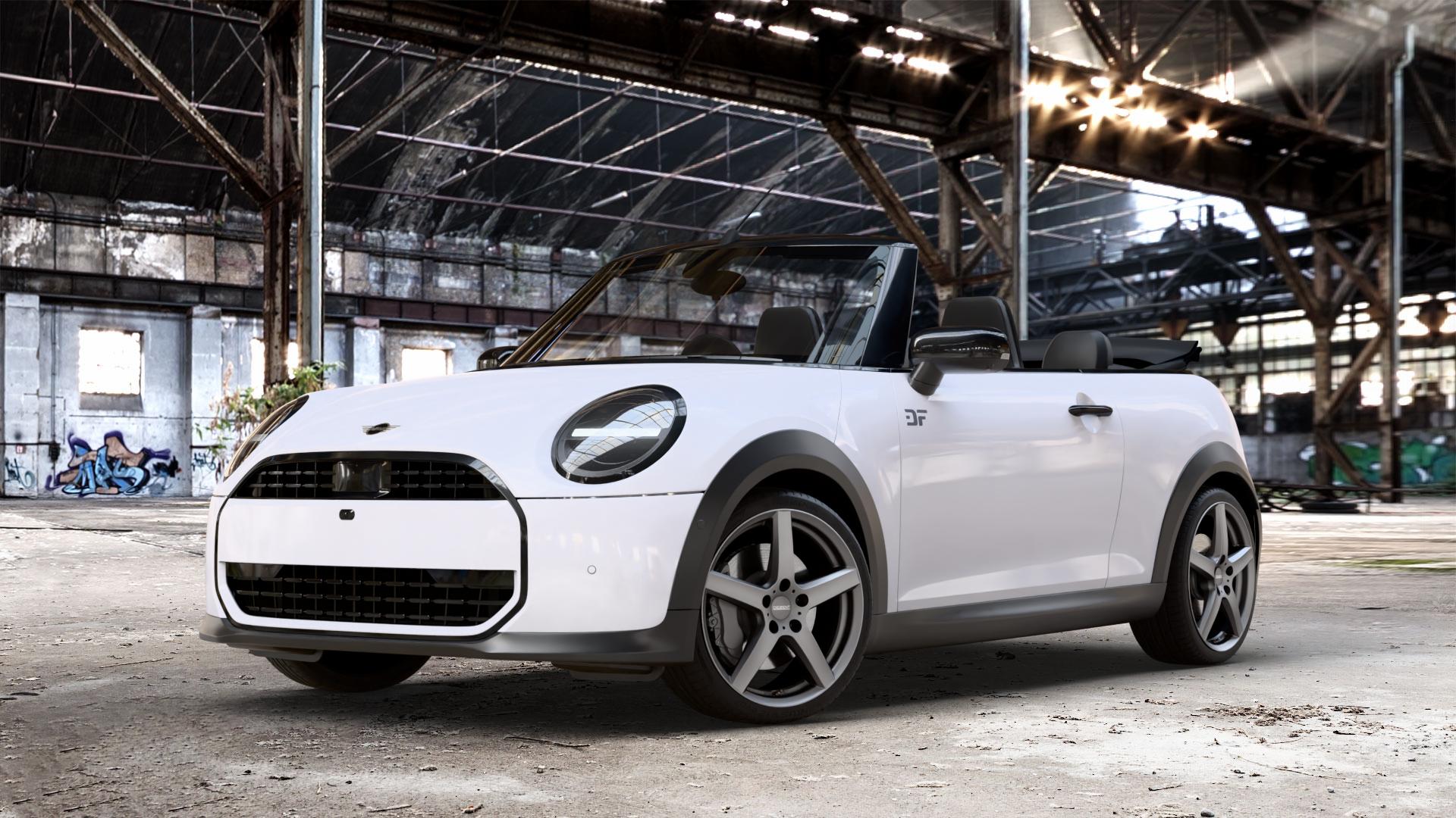 DEZENT TY GRAPHITE MATT Felge mit Reifen grau anthrazit in 18Zoll Winterfelge Alufelge auf weissem Mini F67 Typ FM6 (Cabrio) 2,0l Cooper 120kW (163 PS) S 150kW (204 JCW 170kW (231 ⬇️ mit 15mm Tieferlegung ⬇️ Old Industrial Hall_max_4400mm_2024 Frontansicht_1