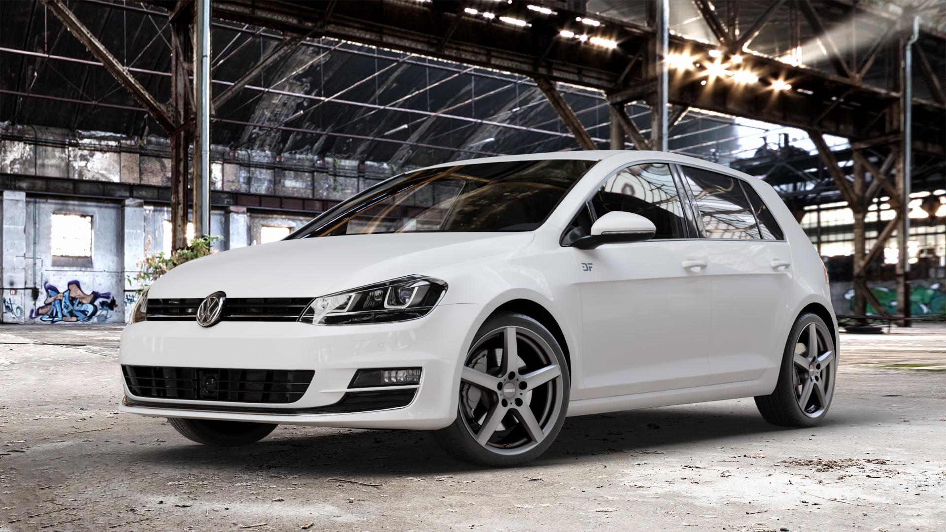 DEZENT TY GRAPHITE MATT Felge mit Reifen grau anthrazit in 18Zoll Winterfelge Alufelge auf weissem Volkswagen (VW) Golf 7 ⬇️ mit 15mm Tieferlegung ⬇️ Old Industrial Hall_max_4400mm_2024 Frontansicht_1