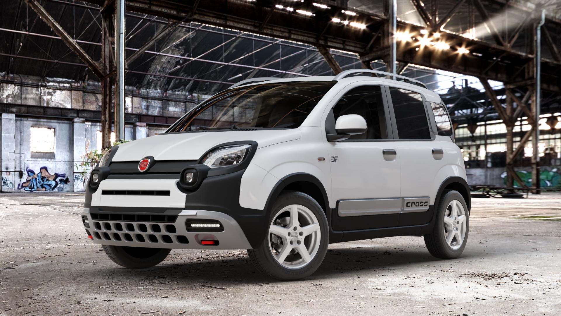 DEZENT TY SILVER Felge mit Reifen silber in 15Zoll Winterfelge Alufelge auf weissem Fiat Panda Cross Typ 312 ⬇️ mit 15mm Tieferlegung ⬇️ Old Industrial Hall_max_4400mm_2024 Frontansicht_1