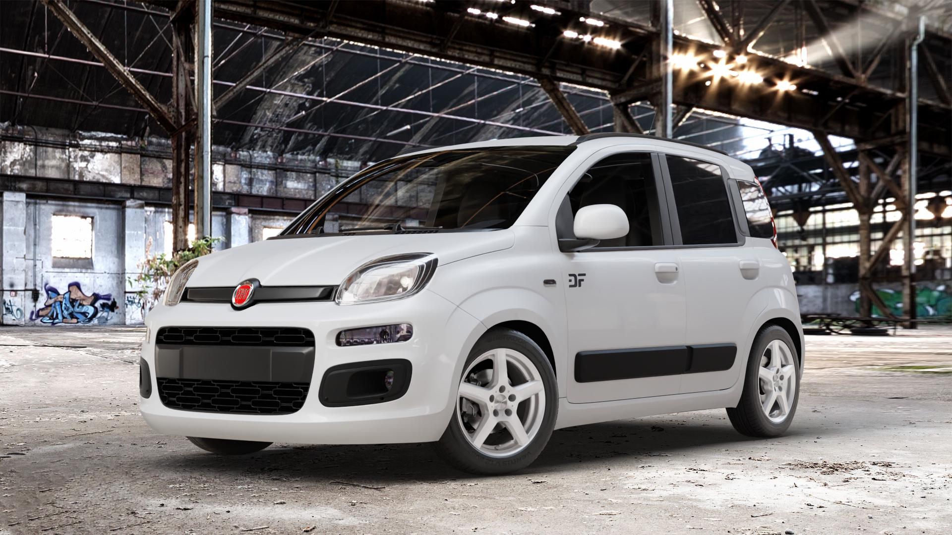DEZENT TY SILVER Felge mit Reifen silber in 15Zoll Winterfelge Alufelge auf weissem Fiat Panda Typ 312 4x4 ⬇️ mit 15mm Tieferlegung ⬇️ Old Industrial Hall_max_4400mm_2024 Frontansicht_1