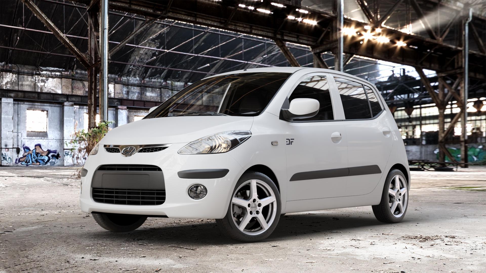 DEZENT TY SILVER Felge mit Reifen silber in 15Zoll Winterfelge Alufelge auf weissem Hyundai i10 Typ PA ⬇️ mit 15mm Tieferlegung ⬇️ Old Industrial Hall_max_4400mm_2024 Frontansicht_1
