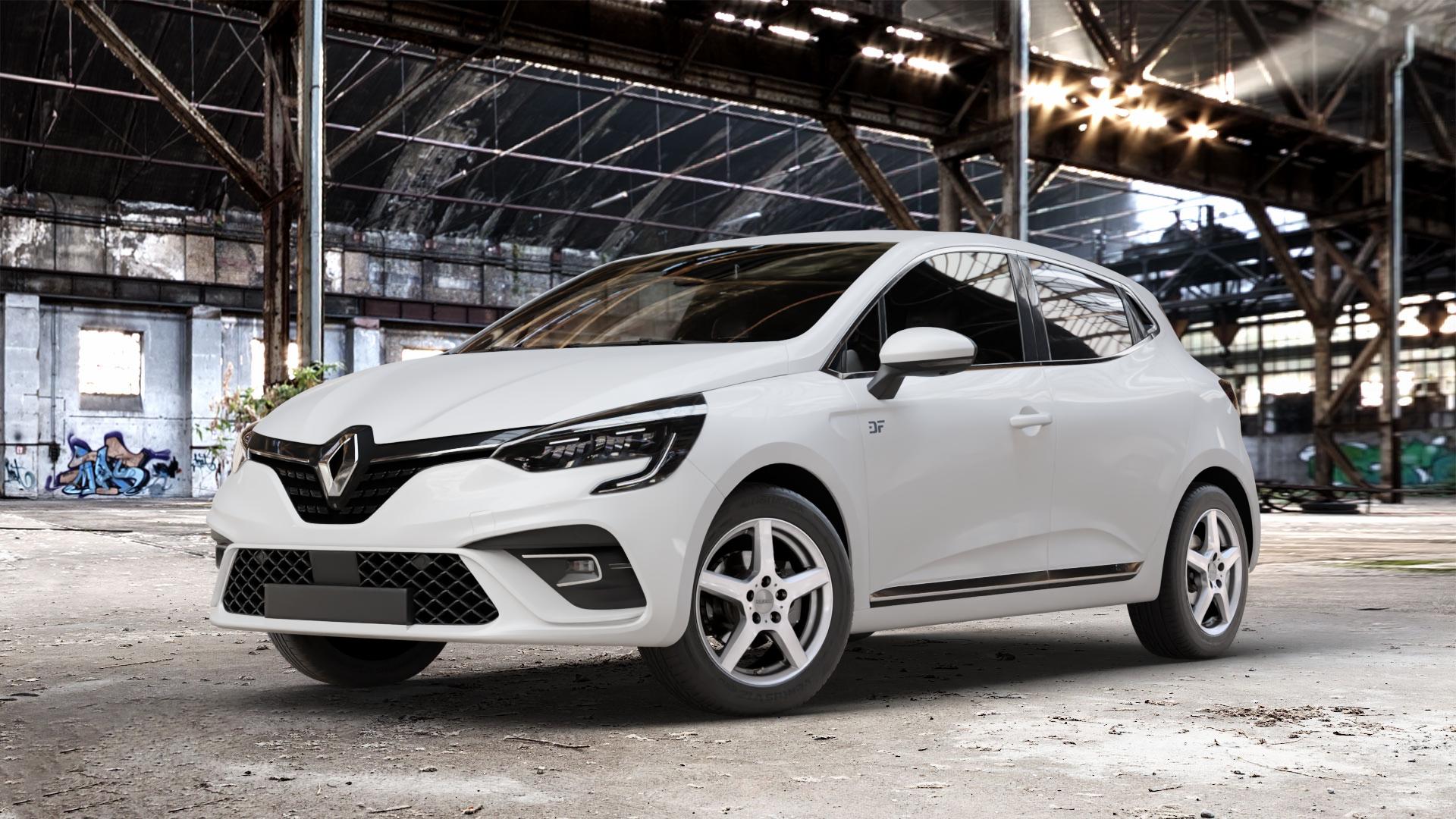 DEZENT TY SILVER Felge mit Reifen silber in 15Zoll Winterfelge Alufelge auf weissem Renault Clio V Typ RJA ⬇️ mit 15mm Tieferlegung ⬇️ Old Industrial Hall_max_4400mm_2024 Frontansicht_1