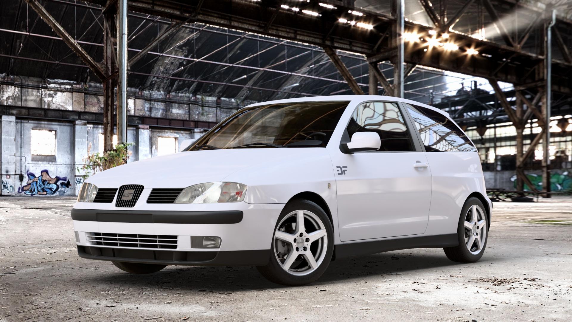 DEZENT TY SILVER Felge mit Reifen silber in 15Zoll Winterfelge Alufelge auf weissem Seat Ibiza II Typ 6K Facelift ⬇️ mit 15mm Tieferlegung ⬇️ Old Industrial Hall_max_4400mm_2024 Frontansicht_1