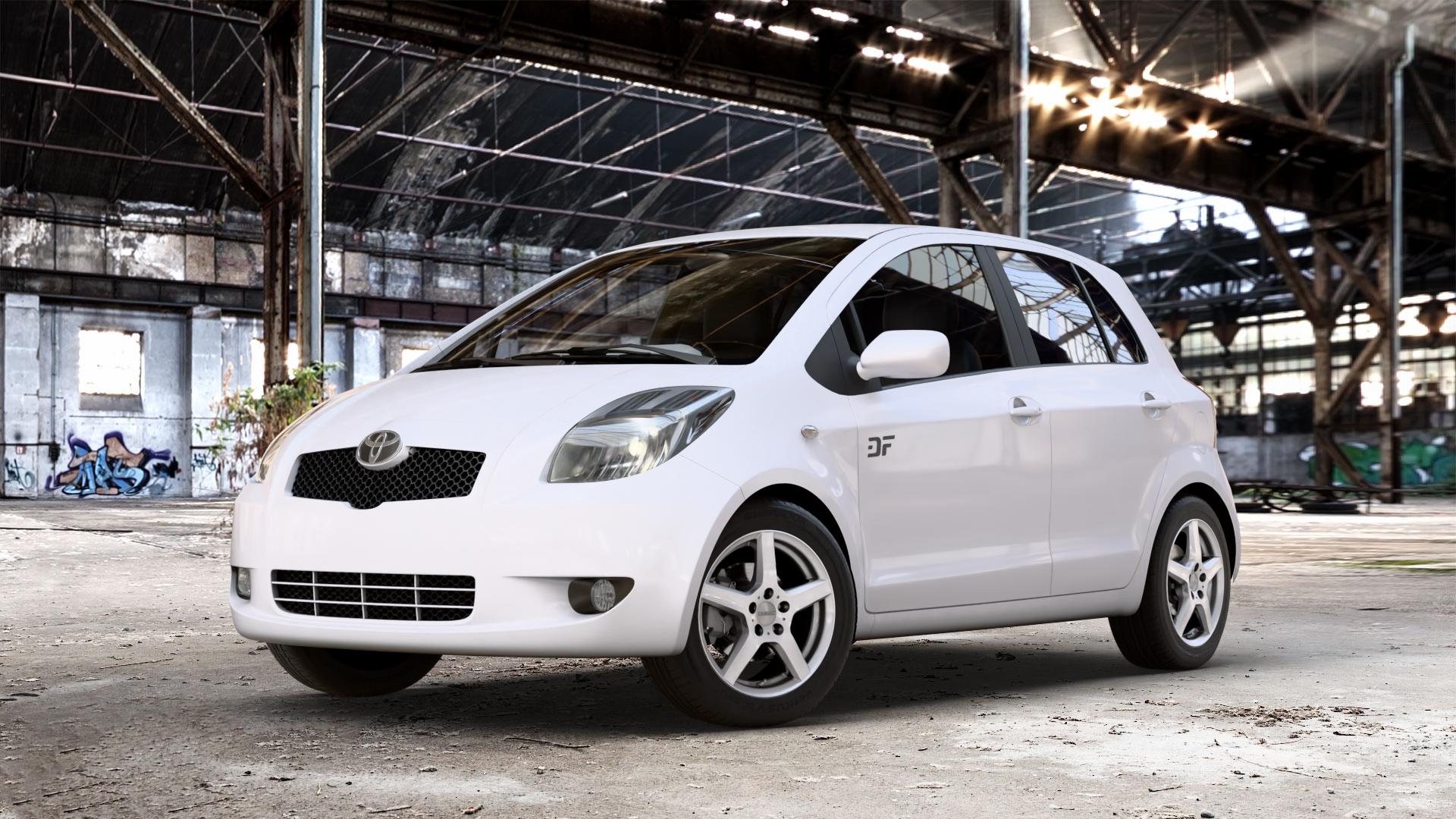 DEZENT TY SILVER Felge mit Reifen silber in 15Zoll Winterfelge Alufelge auf weissem Toyota Yaris II Typ XP9F ⬇️ mit 15mm Tieferlegung ⬇️ Old Industrial Hall_max_4400mm_2024 Frontansicht_1