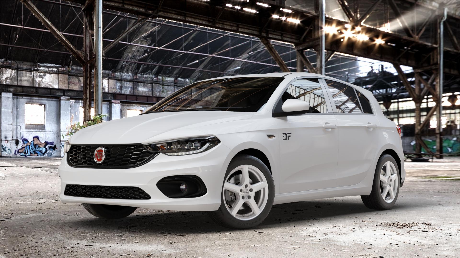 DEZENT TY SILVER Felge mit Reifen silber in 16Zoll Winterfelge Alufelge auf weissem Fiat Tipo II Schrägheck Typ 356 ⬇️ mit 15mm Tieferlegung ⬇️ Old Industrial Hall_max_4400mm_2024 Frontansicht_1