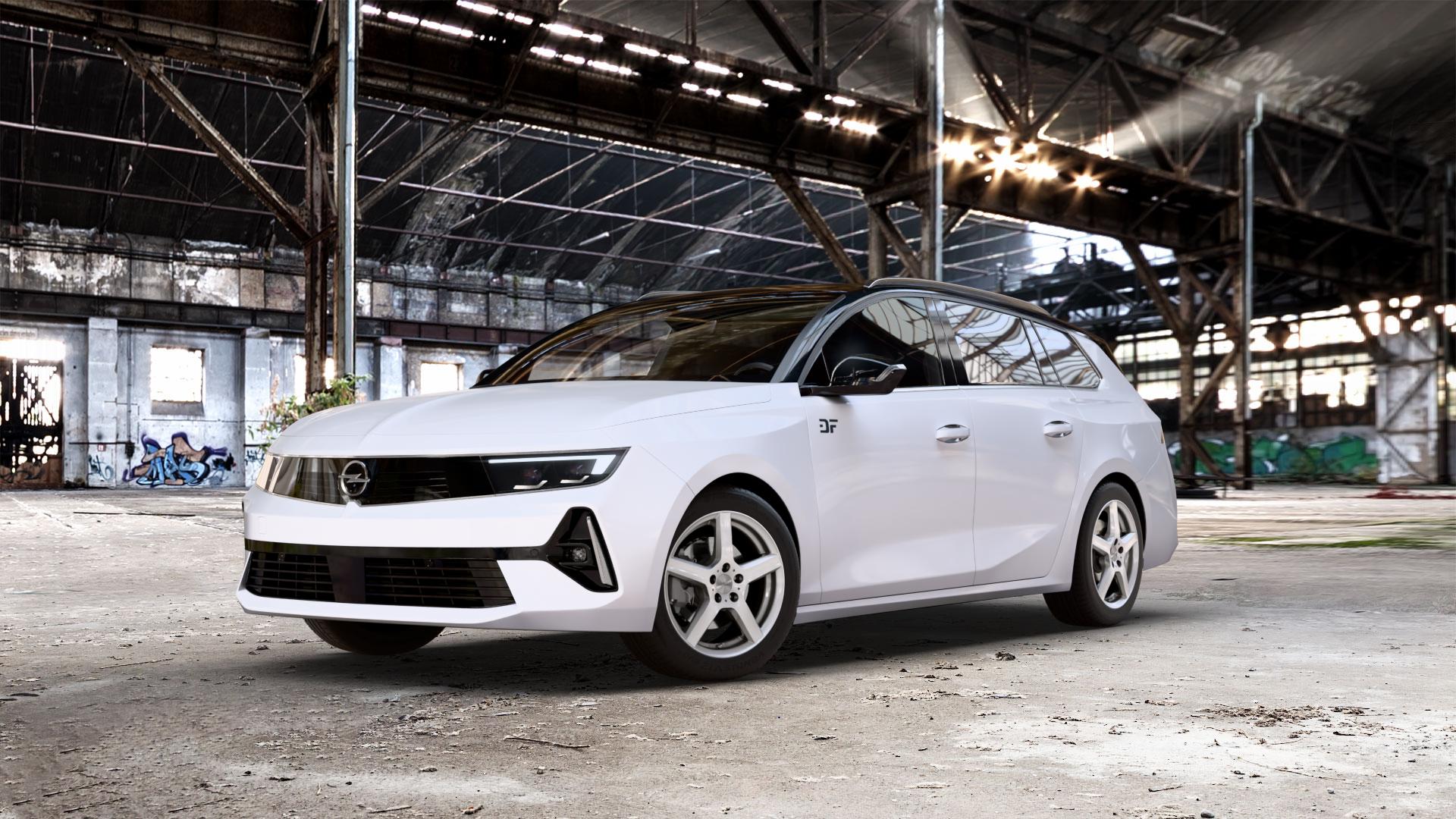 DEZENT TY SILVER Felge mit Reifen silber in 16Zoll Winterfelge Alufelge auf weissem Opel Astra L Sports Tourer Typ F Facelift ⬇️ mit 15mm Tieferlegung ⬇️ Old Industrial Hall_max_5300mm_2024 Frontansicht_1